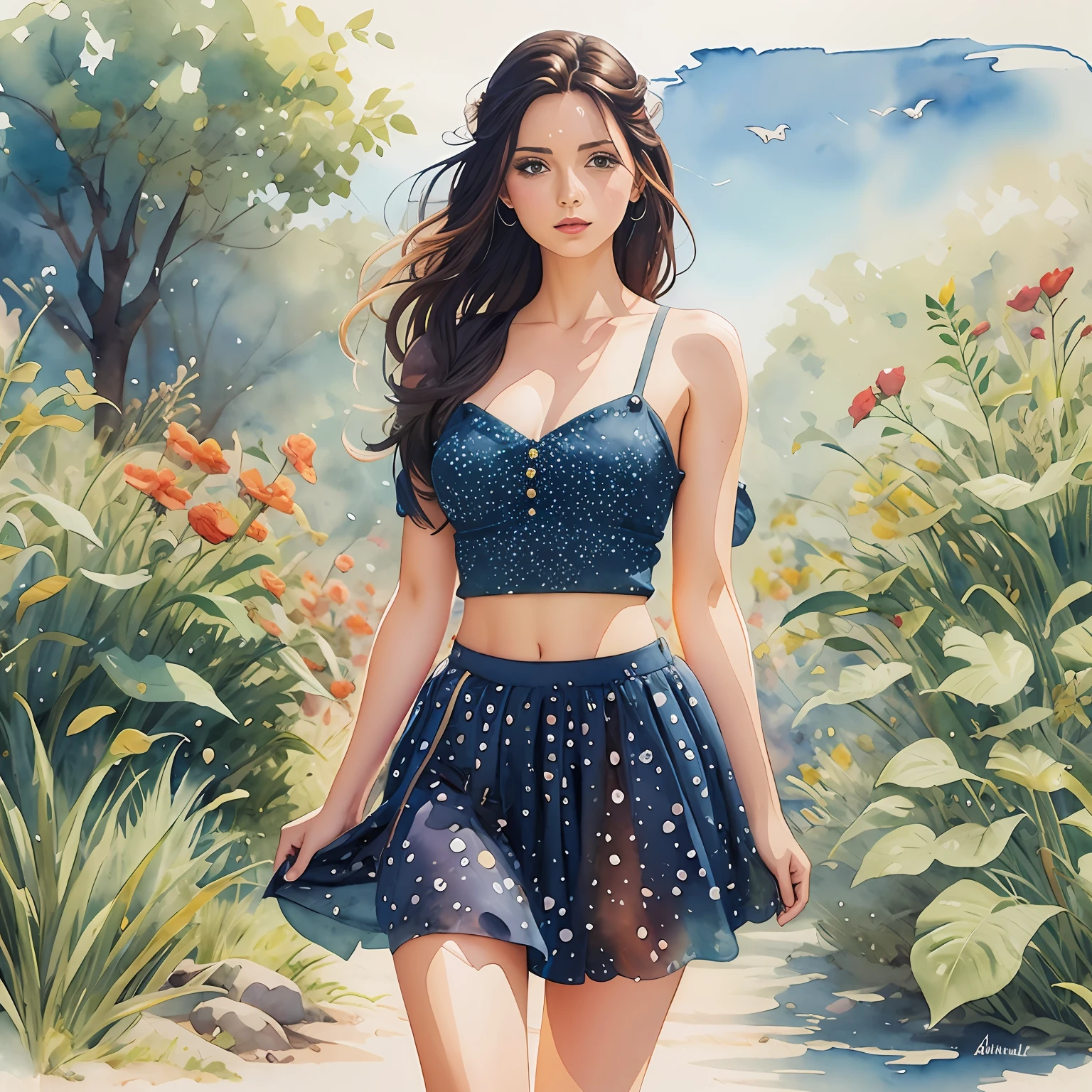 pintura de uma mulher em uma saia de bolinhas e crop top, pintura digital em aquarela, watercolor illustration style, aquarela artstyle, trending on artstration, estilo de pintura em aquarela, pintura digital em aquarela, in illustration style digital, pintura em aquarela, Aquarela Digital, No Bowater Art Style, Watercolor illustration, pintura colorida em aquarela, pintura detalhada em aquarela, Fanart, estilo aquarela