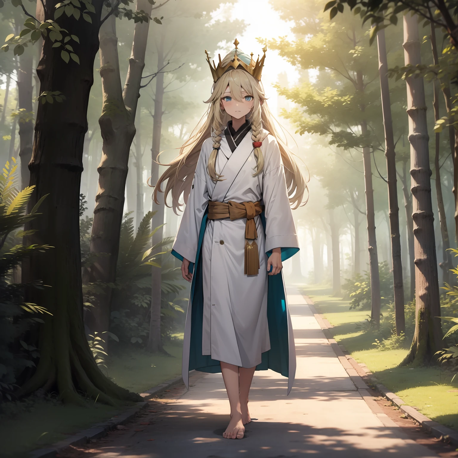 Dressed in a white robe。Wears a silver crown on his head，Long curly blonde hair，Turquoise eyes，Walk barefoot in the forest