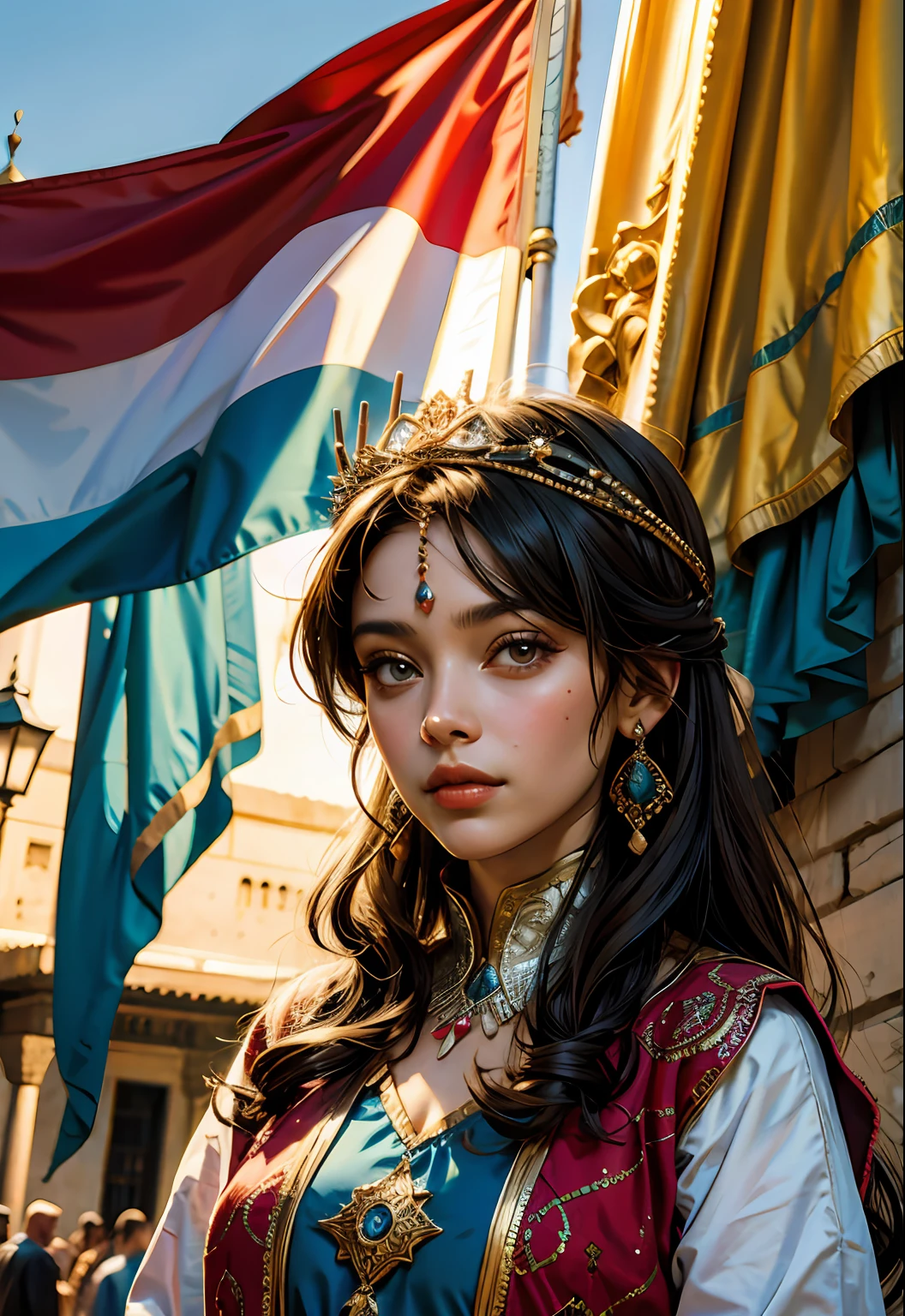 An Arabian princesse portrait holding moroccan flag
