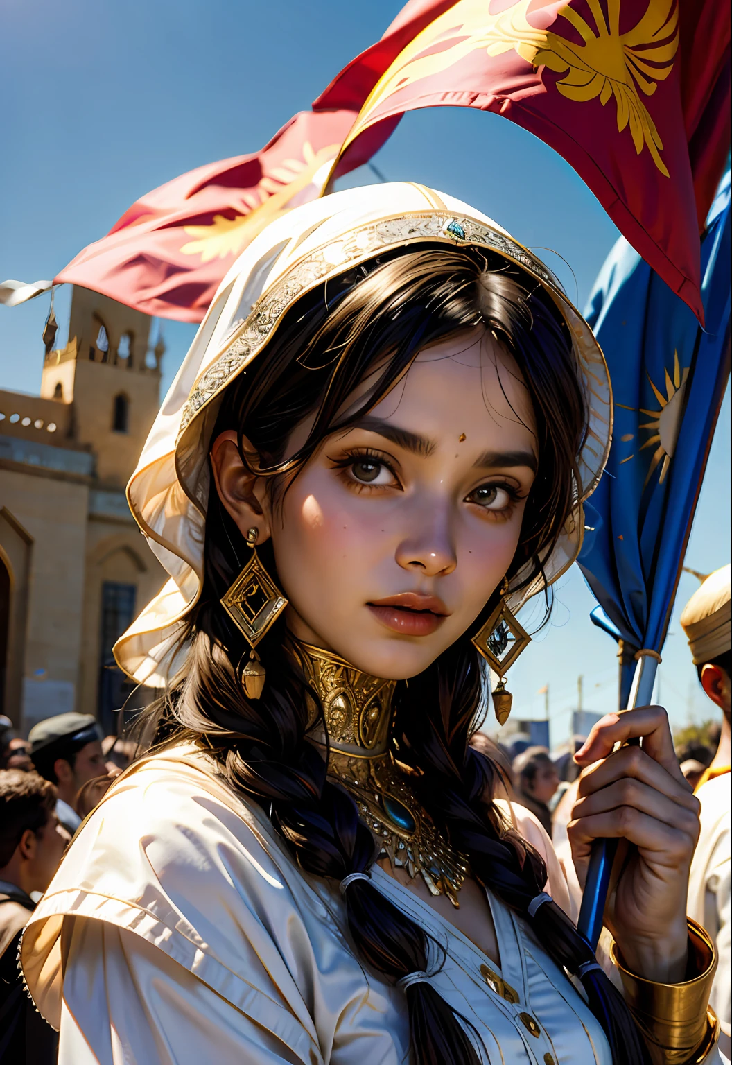 An Arabian princesse portrait holding moroccan flag