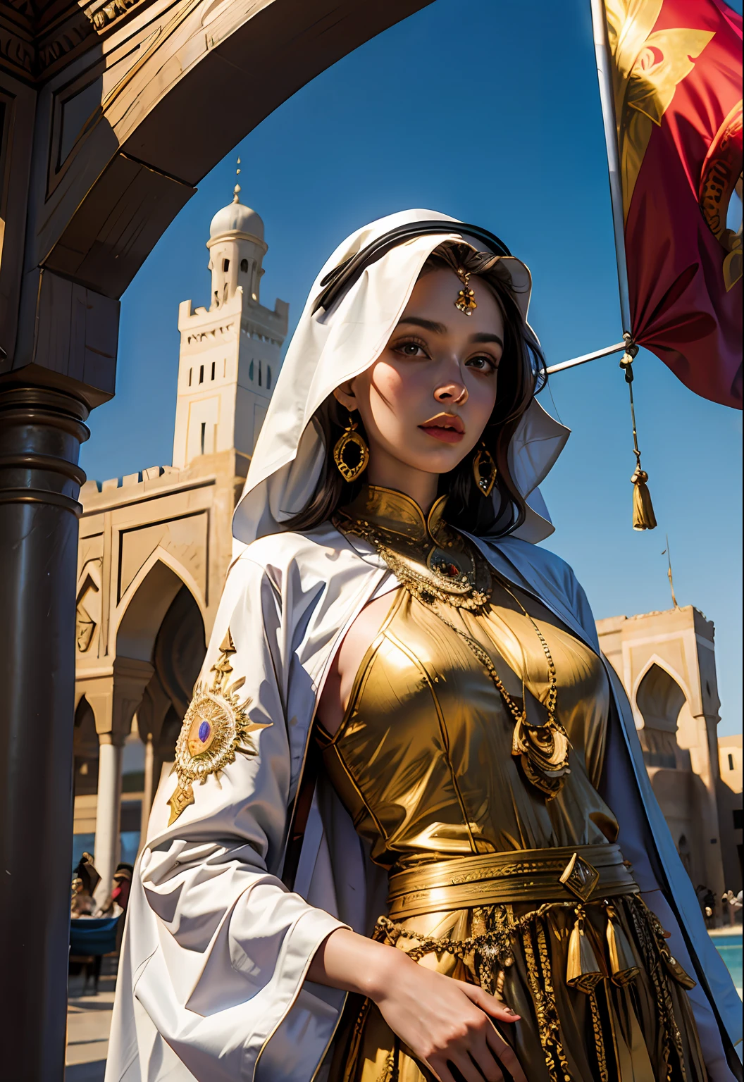 An Arabian princesse portrait holding moroccan flag