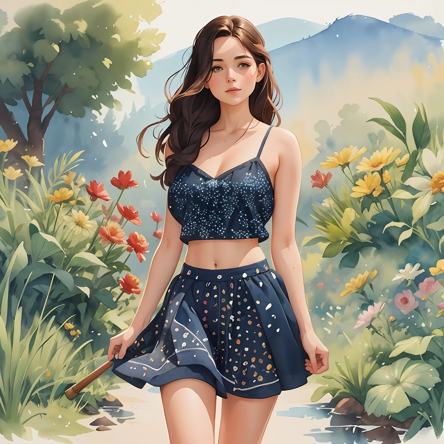 pintura de uma mulher em uma saia de bolinhas e crop top, pintura digital em aquarela, watercolor illustration style, aquarela artstyle, trending on artstration, estilo de pintura em aquarela, pintura digital em aquarela, in illustration style digital, pintura em aquarela, Aquarela Digital, No Bowater Art Style, Watercolor illustration, pintura colorida em aquarela, pintura detalhada em aquarela, Fanart, estilo aquarela