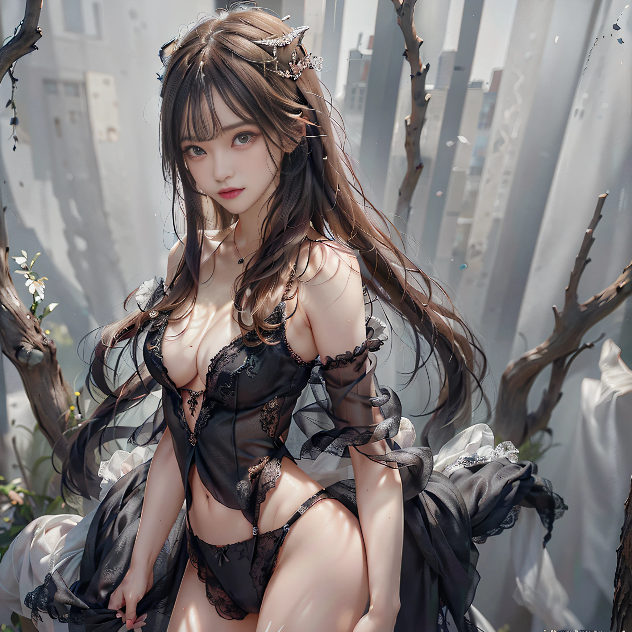 (hyperrealistic), (illustration), (high resolution), (8K), (extremely detailed), (best illustration), (beautiful detailed eyes), (best quality), (super detailed), (masterpiece), (wallpaper), (detailed face), solo, (dynamic pose), 1girl, lingerie, off-the-shoulder, dusk, short blonde hair, broken hair, necklace, fangs, tattoo, lioness