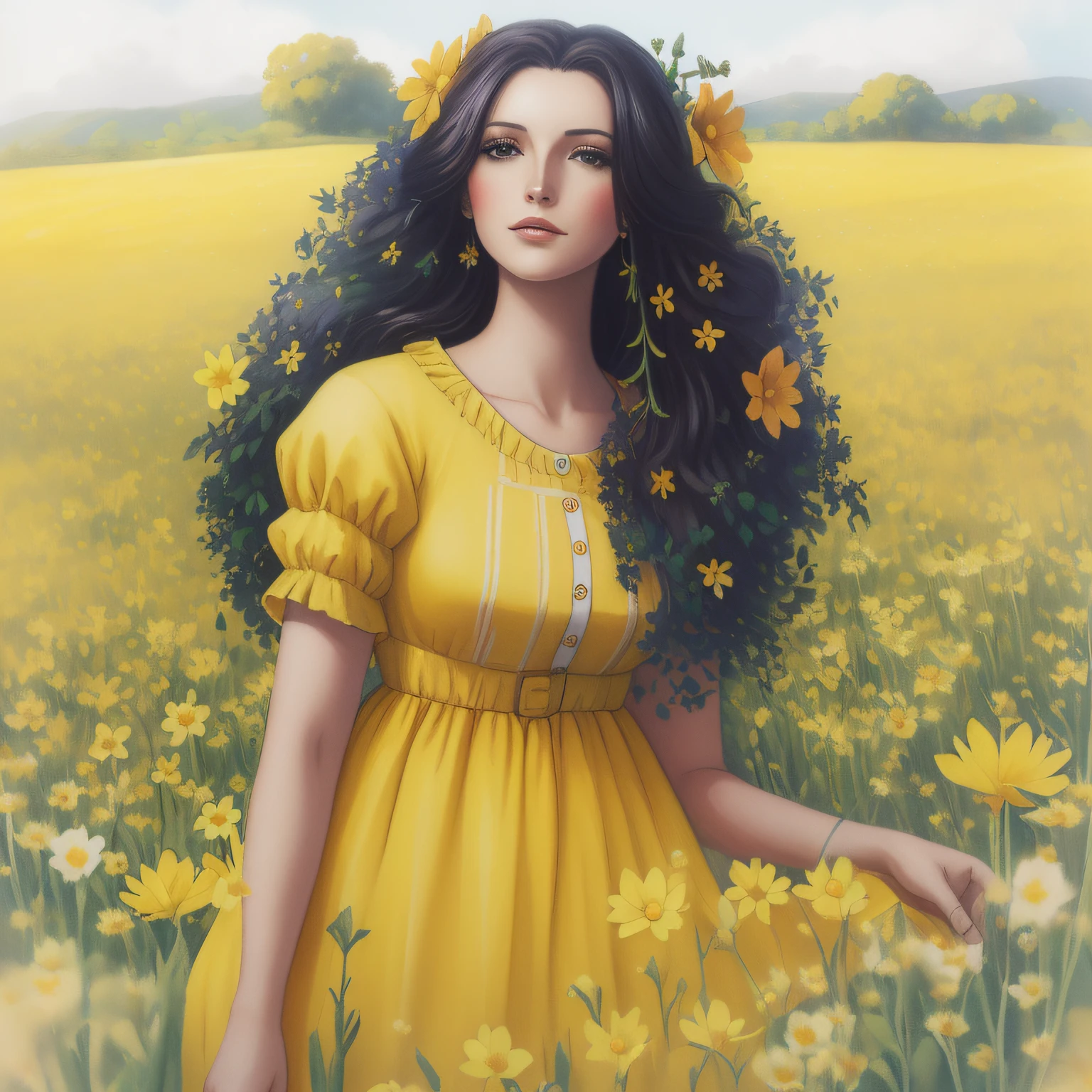 pintura de uma mulher em um vestido amarelo sentado em um campo de flores, Tema amarelo cabelo ondulado, uma deusa em um campo de flores, mulher amarela bonita,  em um campo de flores, em um campo de flores, Retrato da meninampo da flor, inspirado em Cynthia Sheppard, Frontal da menina em um da flor, pintura digital em aquarela, girl standing in a flower field