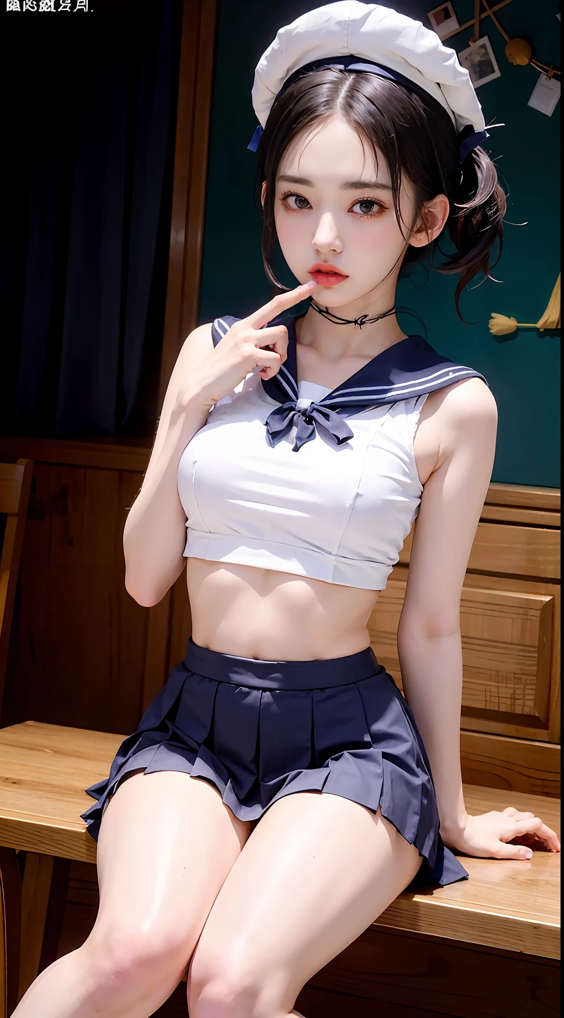 (8K、RAW Photos、top-quality、masterpiece:1.2)、(realisitic、Photorealsitic:1.37)、1人、japanes、18year old、femele、Classroom、natta、profetional lighting、Photon mapping、torn、Colossal tits、The tips of the knitted, which are pure white and very small in size, stick out、areola protruding、The shape of the pubic area is clearly visible、gals、Lots of lashes、Lame on the eyelids、Pitch black lip、Pitch black heels、pubick hair、the lower abdomen bristles、A slender、crotch open、My are big and are about to spill out of my bra、Very much pubic hair、pubic hair is very protruding、((Short sailor suit、Short pleated skirt,No hat))、maroon short hair
