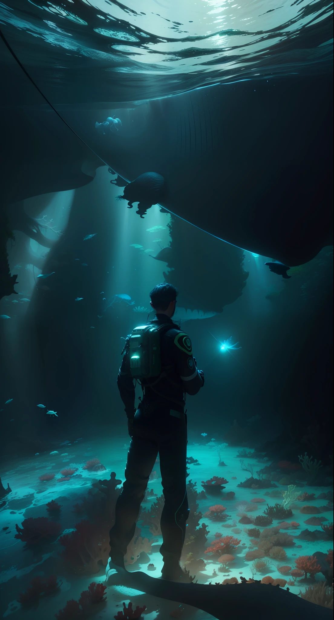 Extreme Realistic, Masterpiece, best quality, (very detailed 8k wallpapers), (best quality), (best shadows), deep ocean theme with natural elements. Tall mangroves, marine plants, glowing jellyfish, ((blue whale)), (marine plants), (ocean theme), ((luminous algae)), (coral), ((Glow Creatures in Seawater)), ((Sea Fire)), ((Particle Effect)), Octane Rendering, Super Detailed