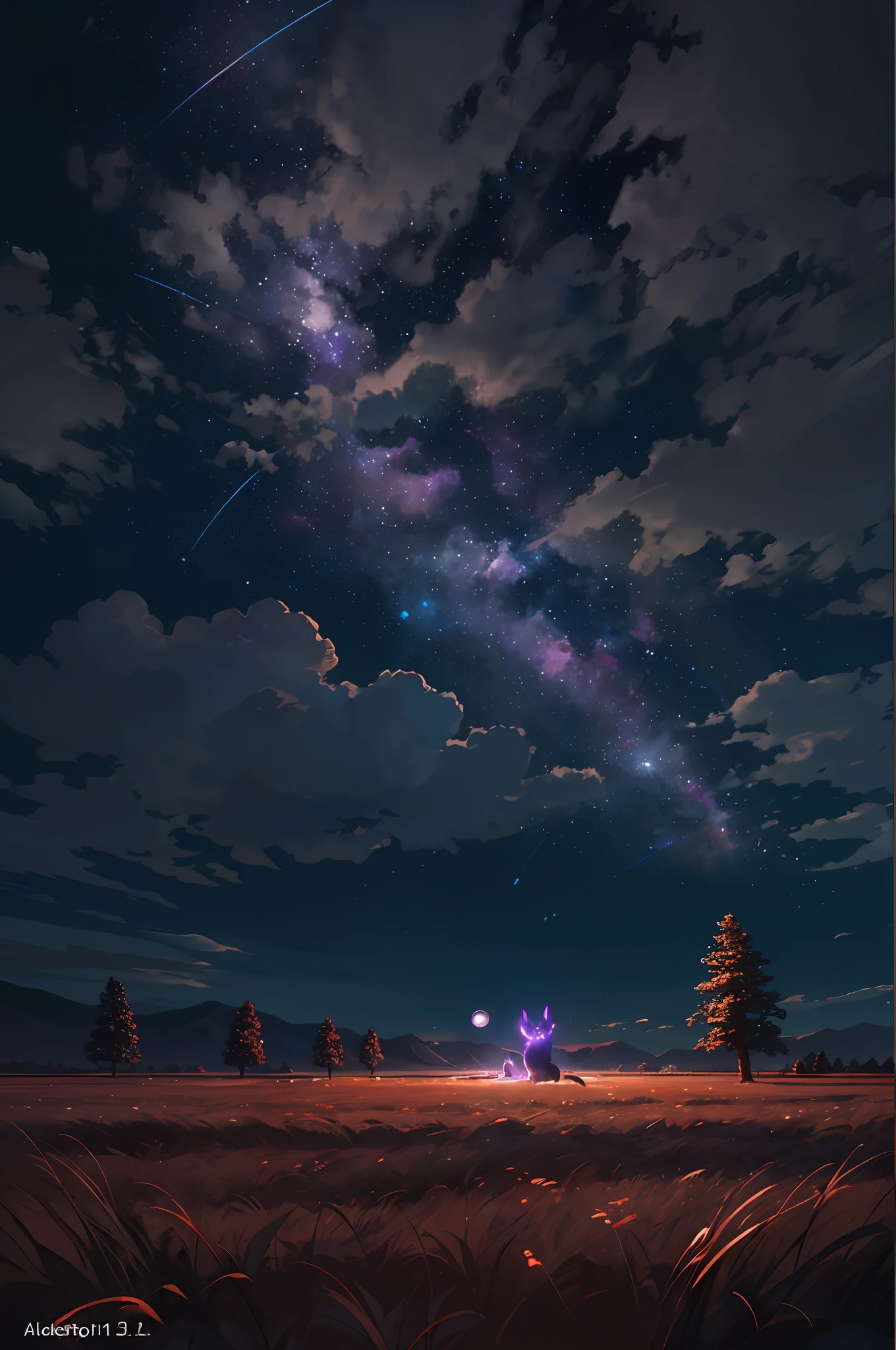 A wide landscape photo, (viewed from below, the sky is above, and the open field is below), a wolf sitting on grass field looking up, (full moon: 1.2), (meteor: 0.9), (nebula: 1.3), distant mountains , Trees BREAK Crafting Art, (Warm Light: 1.2), (Firefly: 1.2), Lights, Lots of Purple and Orange, Intricate Details, Volumetric Lighting BREAK (Masterpiece: 1.2), (Best Quality), 4k, Ultra Detailed, (Dynamic Composition: 1.4), Rich in Detail and Color, (Rainbow Color: 1.2), (Glow, Atmospheric Lighting), Dreamy, Magical, (Solo: 1.2)