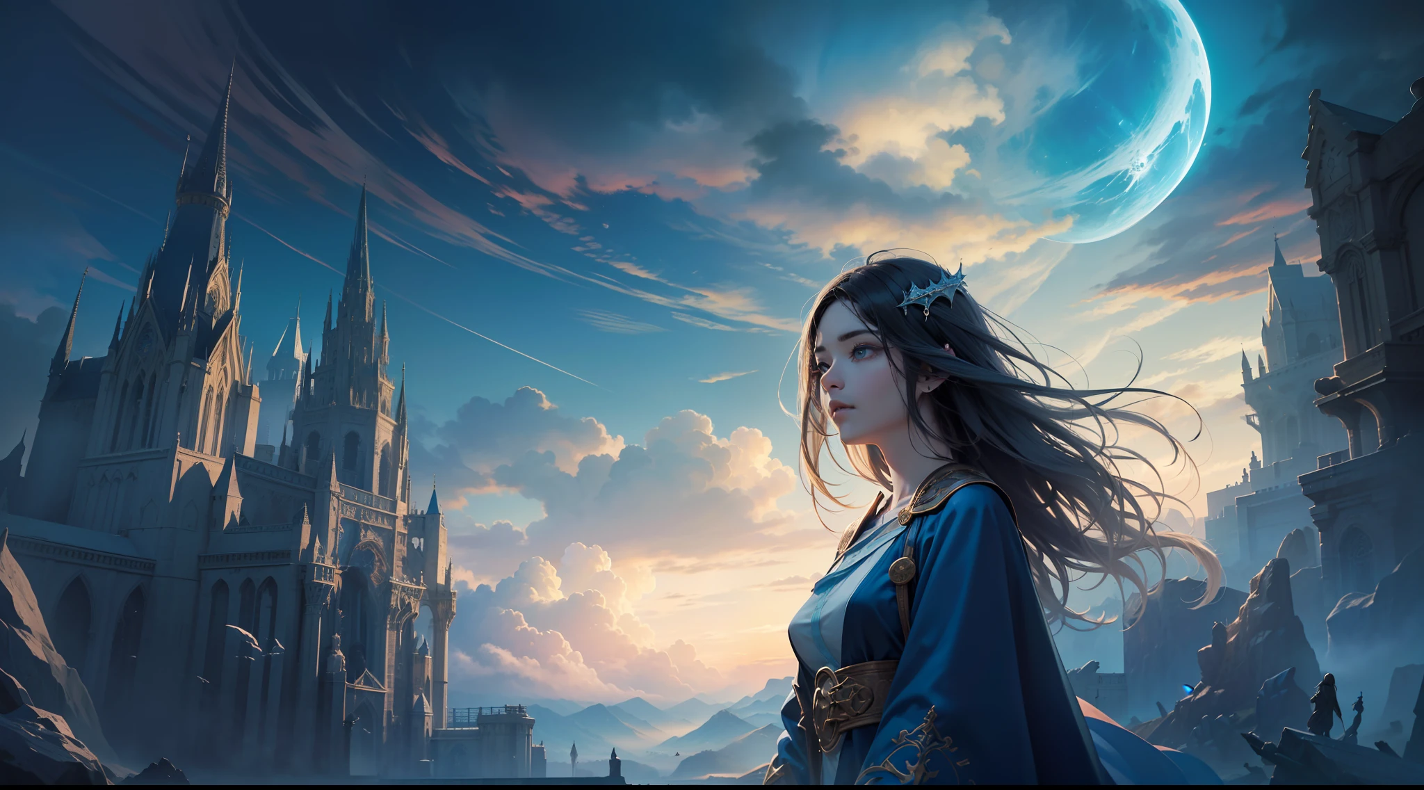 Above the rising clouds,Night, Dark, (Fantasy),infinite,deep blue sky,The abyss of knowledge,Cowledge,((masutepiece)), (((Best Quality))),((Beautiful fine eyes)),(Eye lashes)、Realistic clouds、Very beautiful face、The ultra -The high-definition、high fantasy castle、Beautiful girl with a huge golem、(女の子1人)、Black hair、The long-haired、abyss eyes、glowy skin、oils、small tits、Perfect human body structure、Wizard robes、der riese、tattered cloth、Realistic coat、Teenchi、Super delicate CG Unity 32k wallpaper、photoRealstic、masterpiece, ((ultra-detailliert)), ((illustratio)),colourfull,wall-paper,The energy,Unknown terror,Incomprehensible,Around the magic,Magical surroundings,magic wands,Boken,Flying pages,Know everything,Predict the future、Get to know the past、Infinite wisdom、blue flames、Warlock、magic circles、Pentagram、Spells、mantra、Singing magic