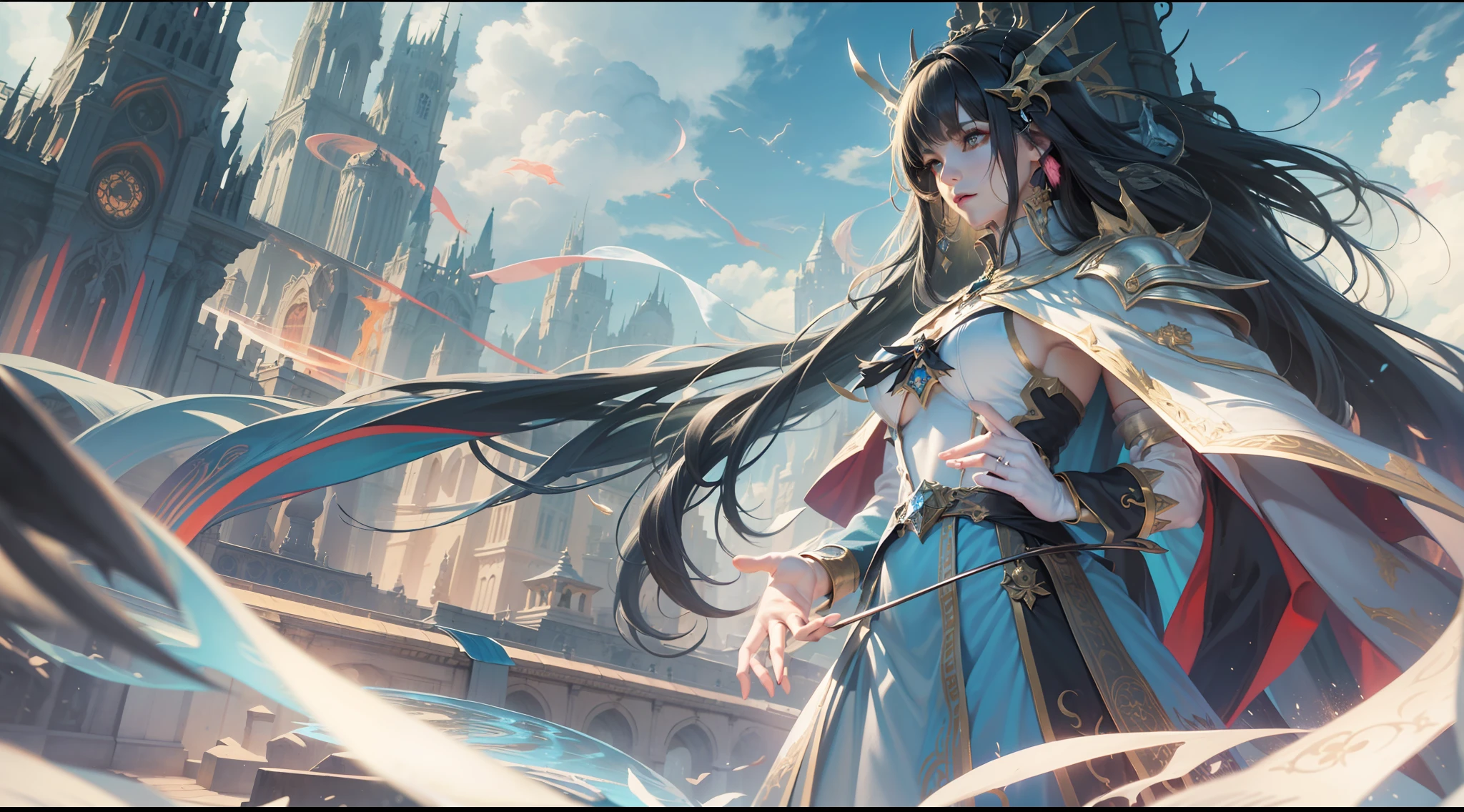 Above the rising clouds,Night, Dark, (Fantasy),infinite,deep blue sky,The abyss of knowledge,Cowledge,((masutepiece)), (((Best Quality))),((Beautiful fine eyes)),(Eye lashes)、Realistic clouds、Very beautiful face、The ultra -The high-definition、high fantasy castle、Beautiful girl with a huge golem、(女の子1人)、Black hair、The long-haired、abyss eyes、glowy skin、oils、small tits、Perfect human body structure、Wizard robes、der riese、tattered cloth、Realistic coat、Teenchi、Super delicate CG Unity 32k wallpaper、photoRealstic、​masterpiece, ((ultra-detailliert)), ((illustratio)),colourfull,wall-paper,The energy,Unknown terror,Incomprehensible,Around the magic,Magical surroundings,magic wands,Boken,Flying pages,Know everything,Predict the future、Get to know the past、Infinite wisdom、blue flames、Warlock、magic circles、Pentagram、Spells、mantra、Singing magic