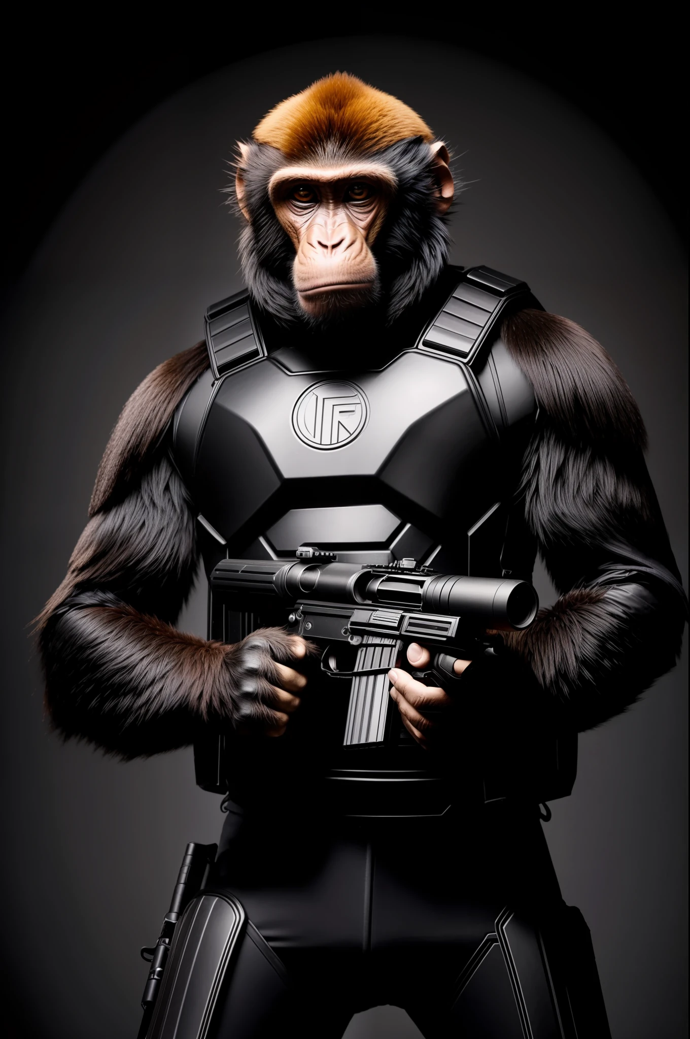 Monkey holding a gun in black body armor,tmasterpiece,Animal hair,Best quality at best,best detail,Multi-angle lighting,ambient lights,facelight,Tactical flashlight,tactical clothes,Photorealsitic,Tactical weapons。