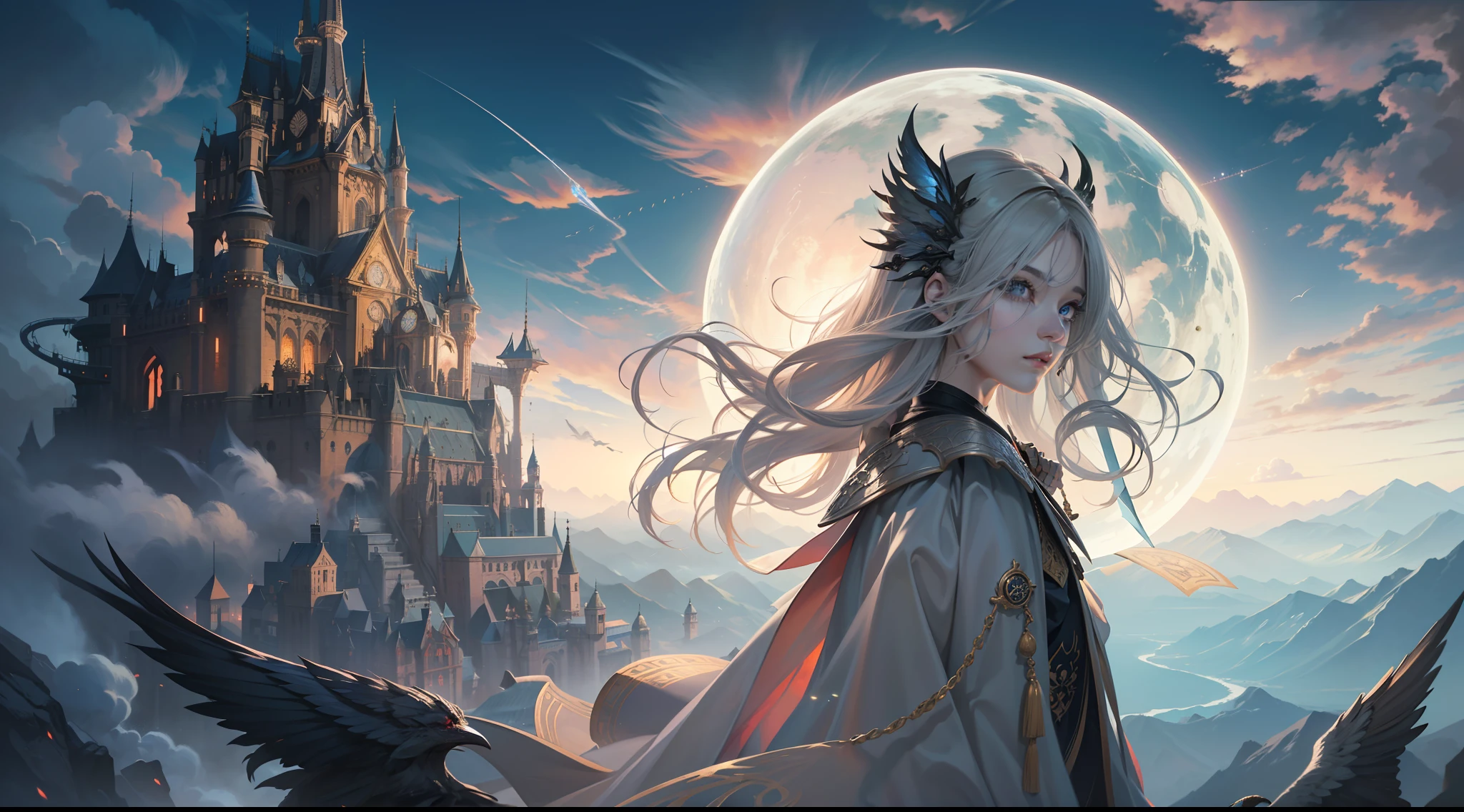 Above the rising clouds,Night, Dark, (Fantasy),infinite,deep blue sky,The abyss of knowledge,Cowledge,((masutepiece)), (((Best Quality))),((Beautiful fine eyes)),(Eye lashes)、Realistic clouds、Very beautiful face、The ultra -The high-definition、high fantasy castle、Beautiful girl with a huge golem、(女の子1人)、Black hair、The long-haired、abyss eyes、glowy skin、oils、small tits、Perfect human body structure、Wizard robes、der riese、tattered cloth、Realistic coat、Teenchi、Super delicate CG Unity 32k wallpaper、photoRealstic、​masterpiece, ((ultra-detailliert)), ((illustratio)),colourfull,wall-paper,The energy,Unknown terror,Incomprehensible,Around the magic,Magical surroundings,magic wands,Boken,Flying pages,Know everything,Predict the future、Get to know the past、Infinite wisdom、blue flames、Warlock、magic circles、Pentagram、Spells、mantra、Singing magic