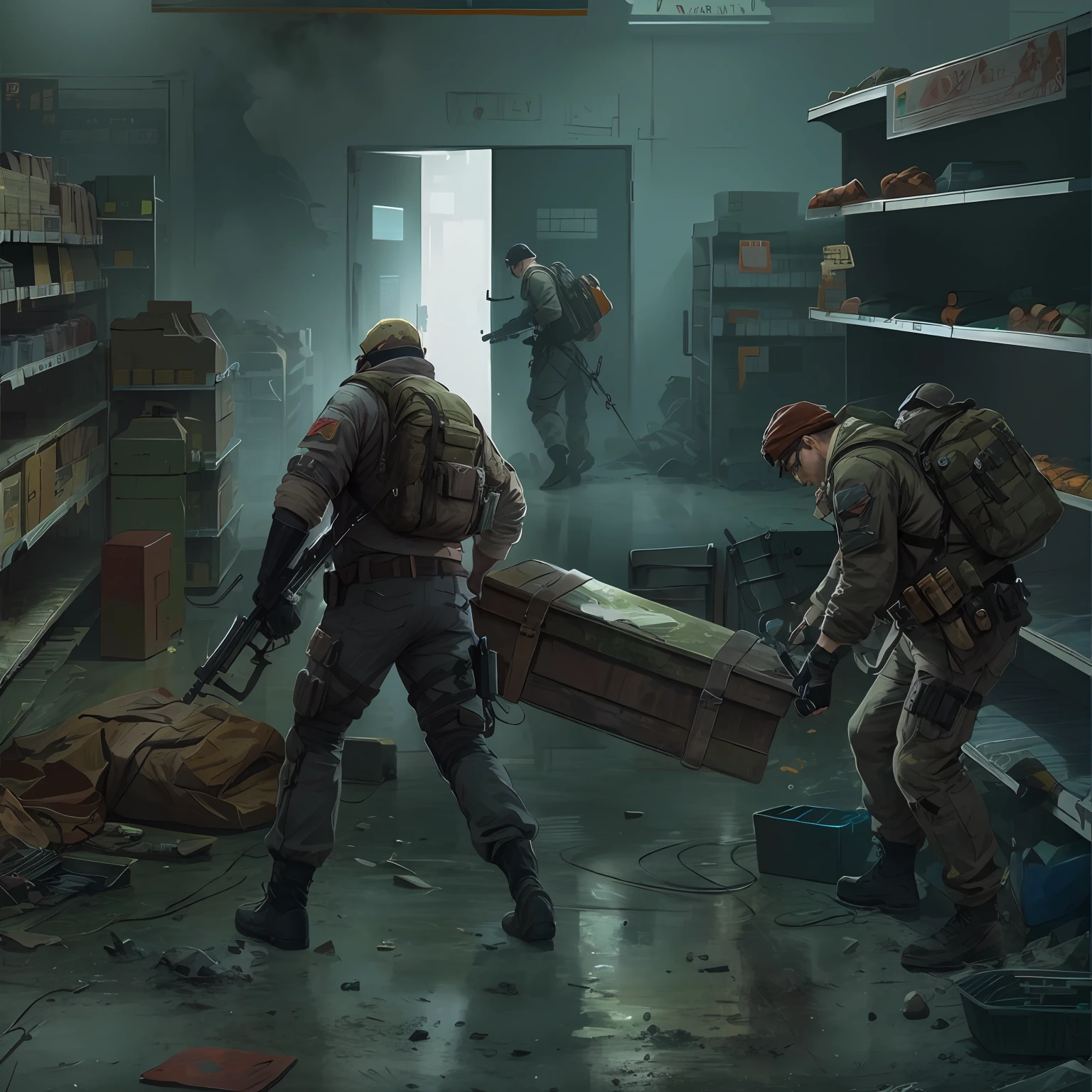 In the supermarket, the commander took the survivors and carried backpacks to search for supplies, detailed game art illustration, concept art like ernest khalimov, fps game concept art, resident evil virus concept art, Game illustration, by Ni Yuanlu, realistic apocalyptic war scene, combat scene, author:Alexander Jean, photorealistic dark concept art, Soma game art style, concept art for a video game