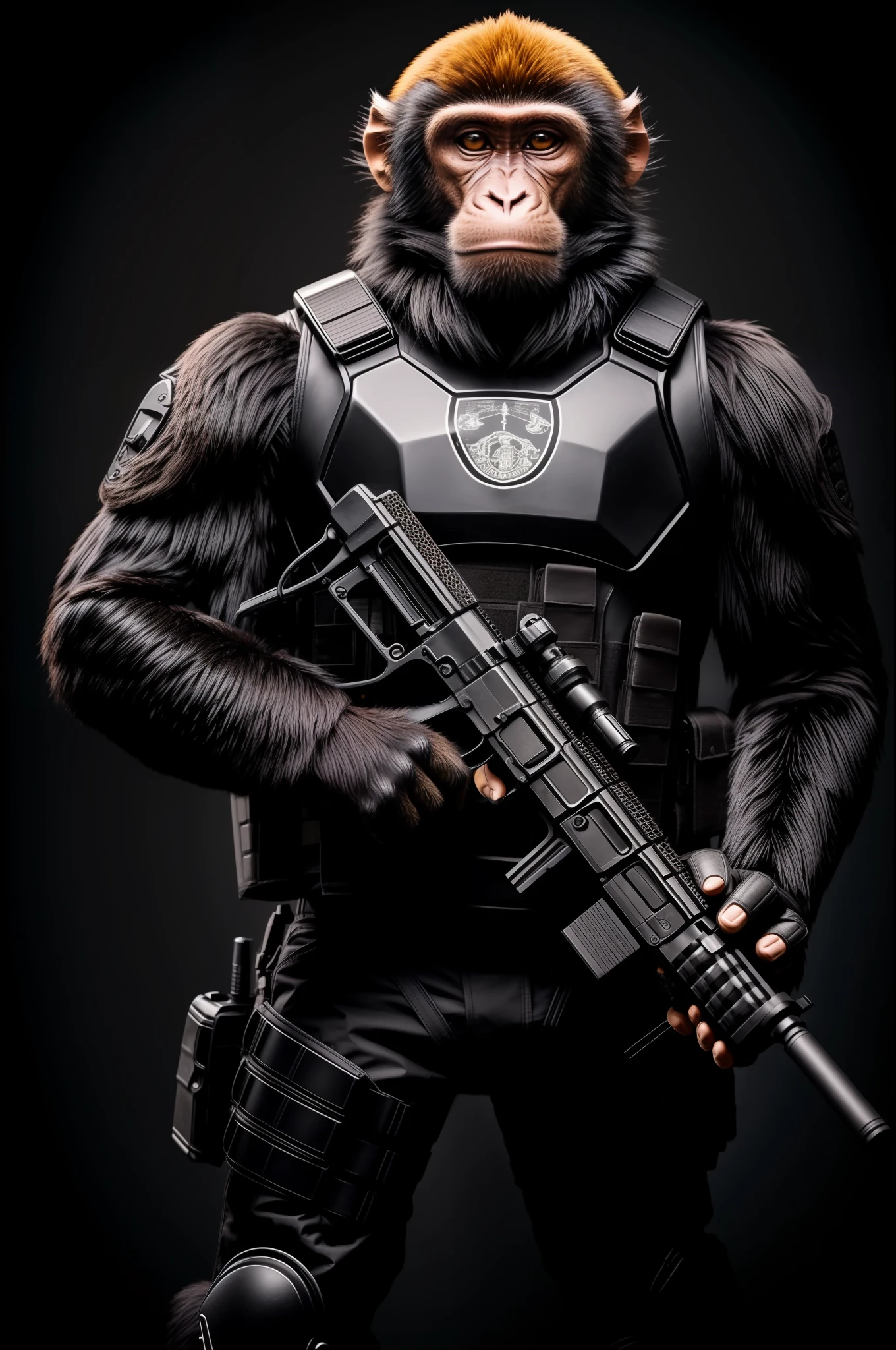 Monkey holding a gun in black body armor，tmasterpiece，Animal hair，Best quality at best，best detail，Multi-angle lighting，ambient lights，facelight，Tactical flashlight，tactical clothes，Photorealsitic，Tactical weapons。