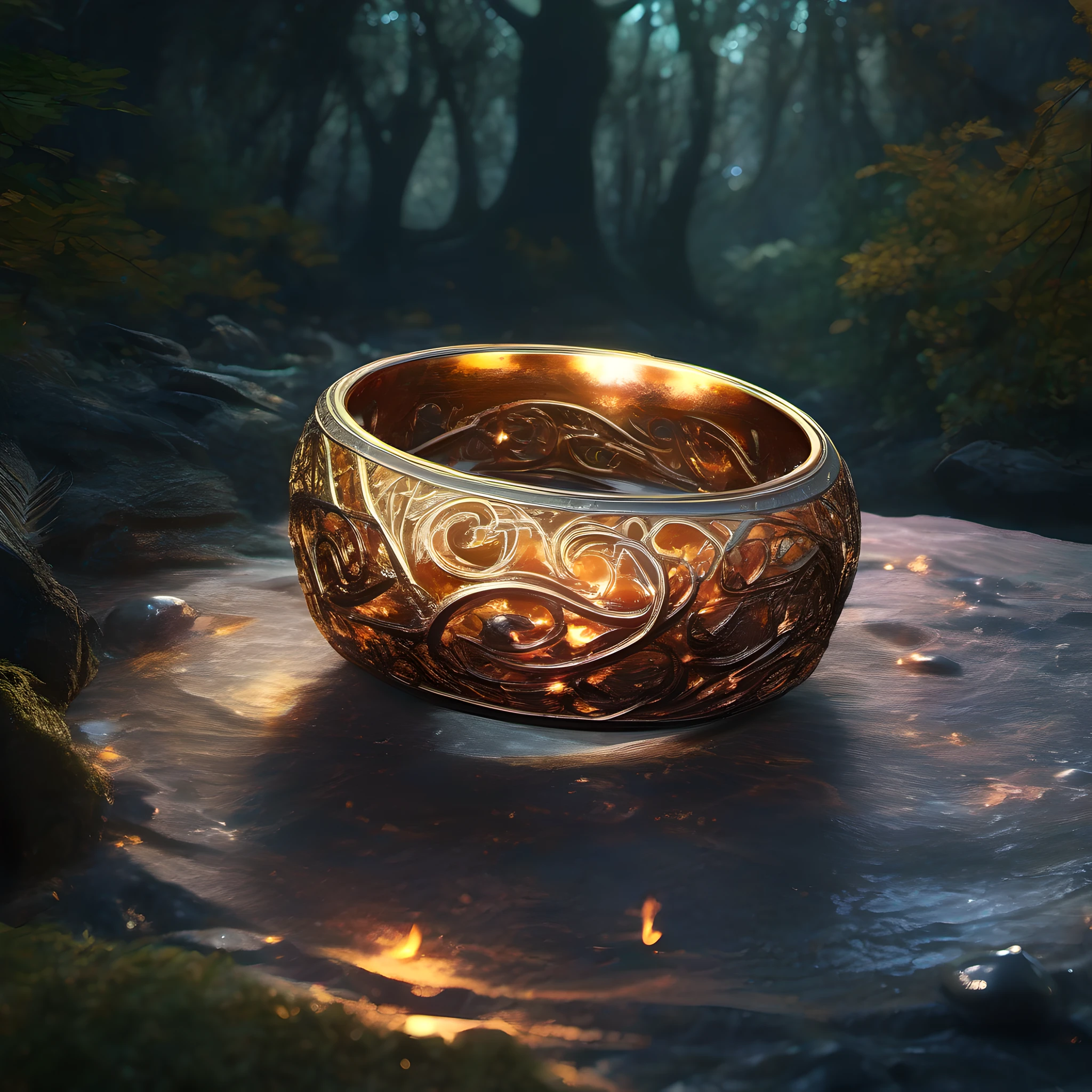 digital art, Elven ring with intricate design, luminescent, glowing, burning with fire magic, water, intricately detailed, J.R.R. Tolkien's Middle-earth, dark spring forest at night background, in deep shadows, grandiose design, volumetric lighting, strong rim light, radiant light, refraction