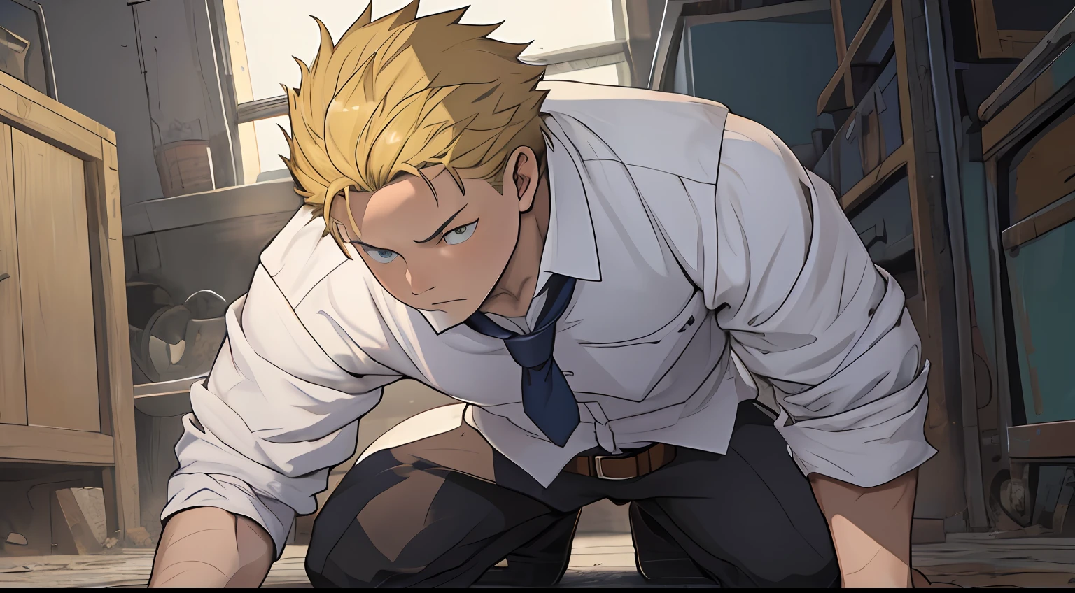 (1 Adult male),A high resolution, Sharp focus, Pixiv masterpiece, ((Complicated details)), highly detailed, natsuki_subaru, 1 man,Defeat, crestfallen,full bodyesbian,kneels on the ground, (A gesture of pleading),blue color eyes(eyes glowing), Short yellow hair,white shirt,Wear a tie,Wear a belt,perspire,look from down