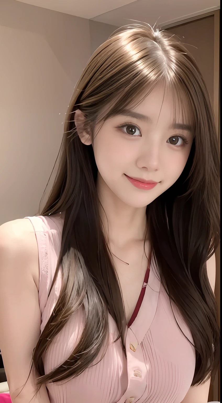 Woman posing with pink lipstick, ulzzangs, anaglyph effect ayami kojima, sun yunjoo, sakimichan, reluvy5213, Tumbler, 1 8 I, Yoshitomo Nara, park jimin, sakimichan hdri, Korean girl, (8K, Best quality, Masterpiece:1.2), (Realistic, photo-realistic:1.37), Ultra-detailed, 1 girl,Cute, Solo,Beautiful detailed sky,dated,(nose blush),(Smile:1.15),(Closed mouth) Small breasts,Beautiful detailed eyes, (Long hair:1.2),Floating hair NovaFrogStyle, Upper body, vests