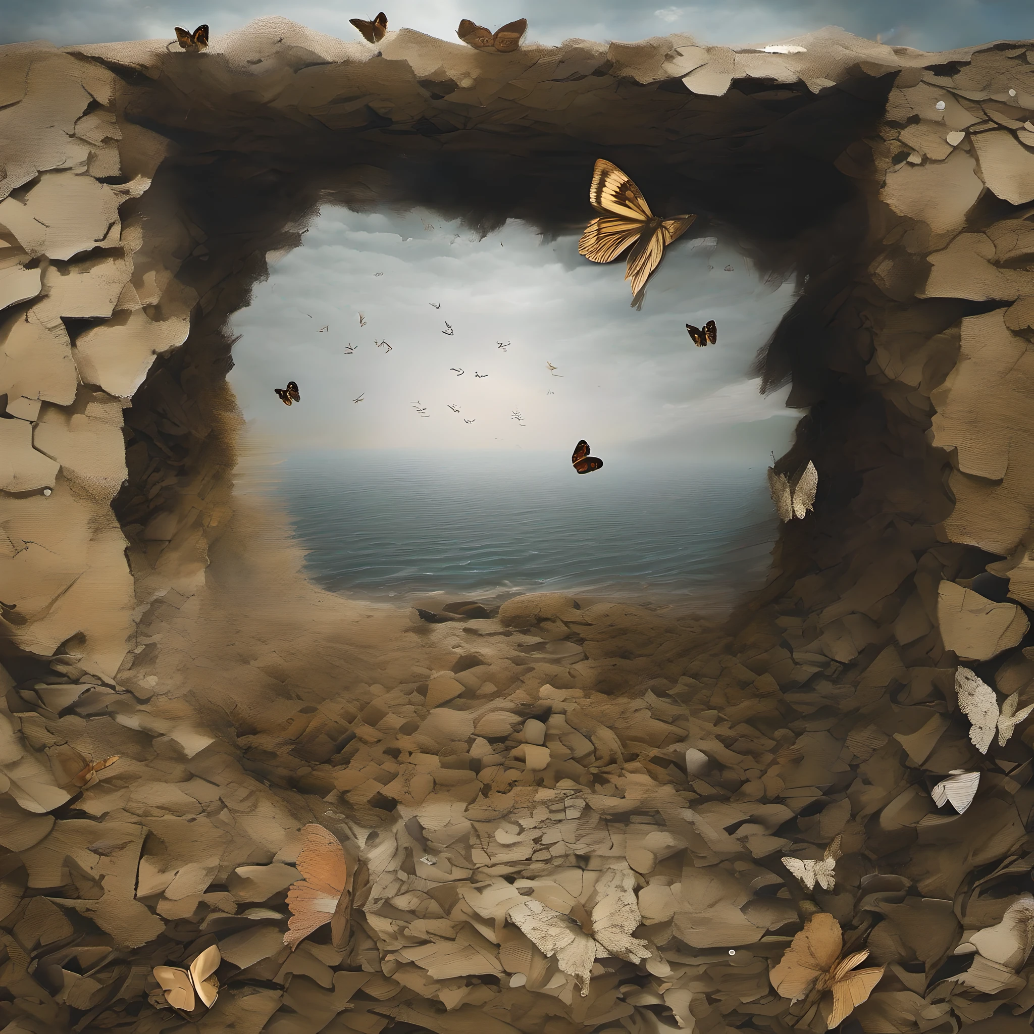 Trenches swallowed by the landscape, nature reclaiming the war zone, , , Moths or butterflies,Fractured landscapes, Ominous,Labyrinthine, (Complementary:1.1), (Space:1.1), (Collage:1.1), (Underwater light:1.2), Leather, , ((Serene,calm,peaceful,tranquil:0.99),(Isolated Subject,minimal,focus on one element,Matte,dull,non-reflective,flat,Spotlight,focus,center of attention,stage:0.75),(Photo Manipulation,collage,surreal,mixed media:0.99):0.5), ultra detailed, intricate, oil on canvas, dry brush, (surrealism:1.1), (disturbing:1.1)