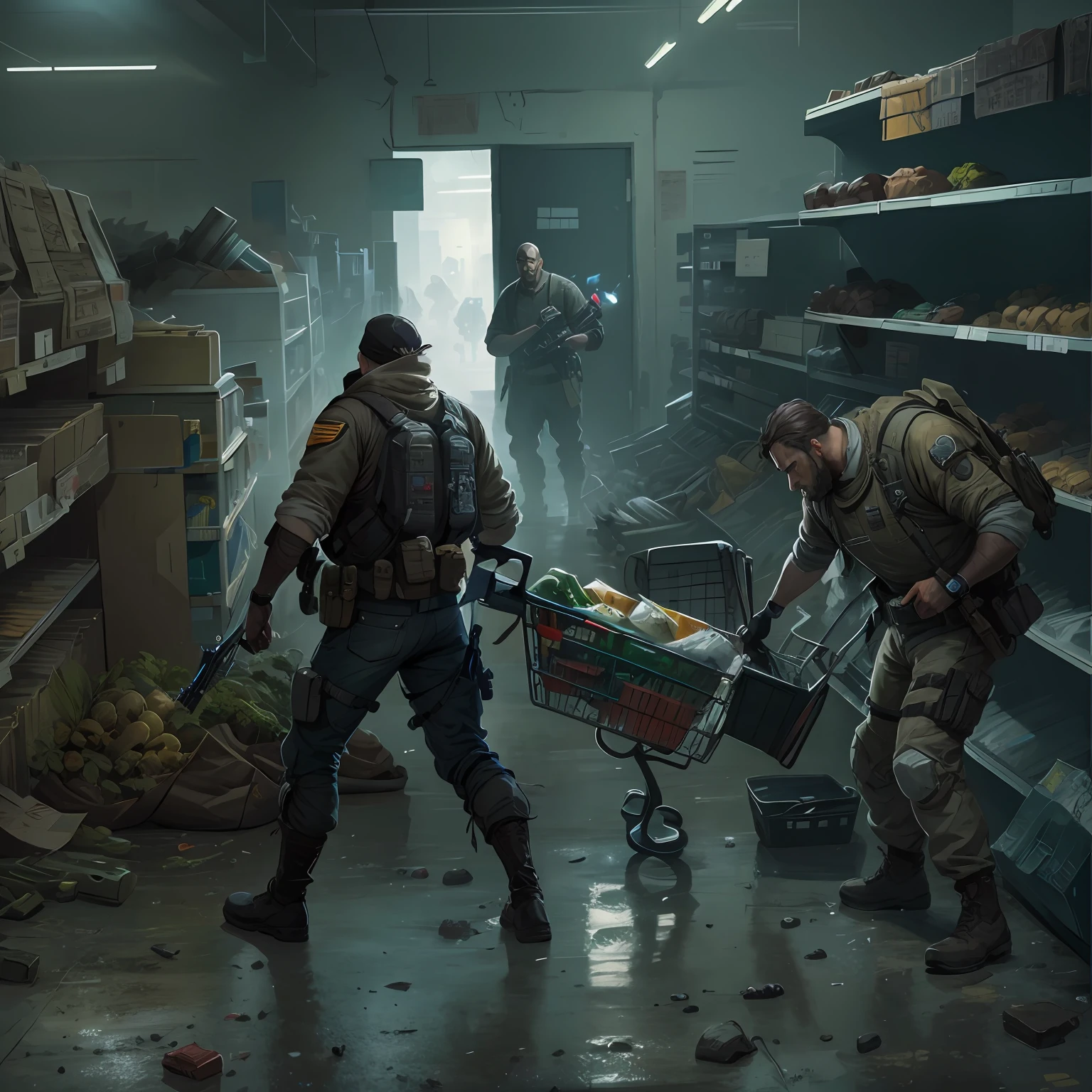 In the supermarket, The commander took the survivors in search of supplies, detailed game art illustration, concept art like ernest khalimov, fps game concept art, resident evil virus concept art, Game illustration, by Ni Yuanlu, realistic apocalyptic war scene, combat scene, author:Alexander Jean, photorealistic dark concept art, Soma game art style, concept art for a video game