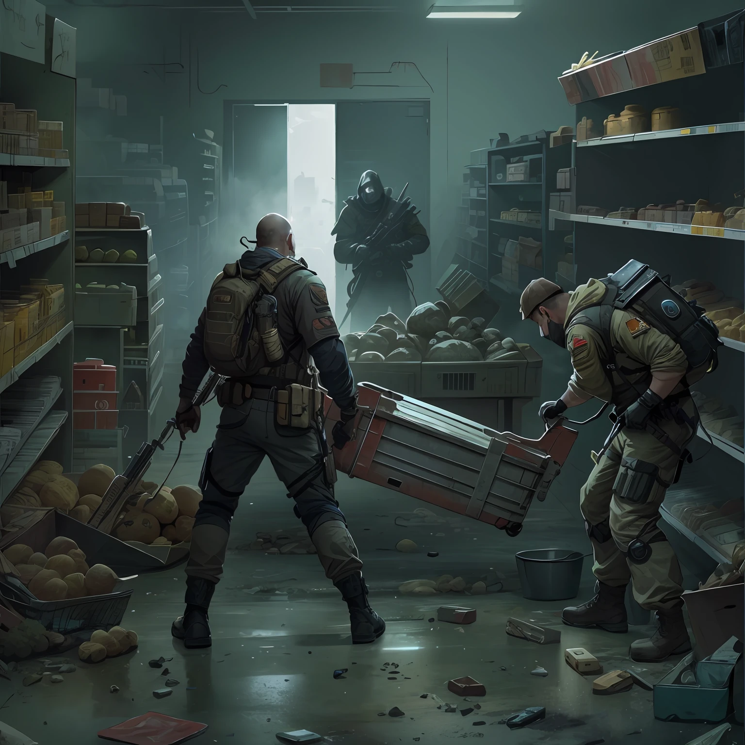 In the supermarket, The commander took the survivors in search of supplies, detailed game art illustration, concept art like ernest khalimov, fps game concept art, resident evil virus concept art, Game illustration, by Ni Yuanlu, realistic apocalyptic war scene, combat scene, author：Alexander Jean, photorealistic dark concept art, Soma game art style, concept art for a video game