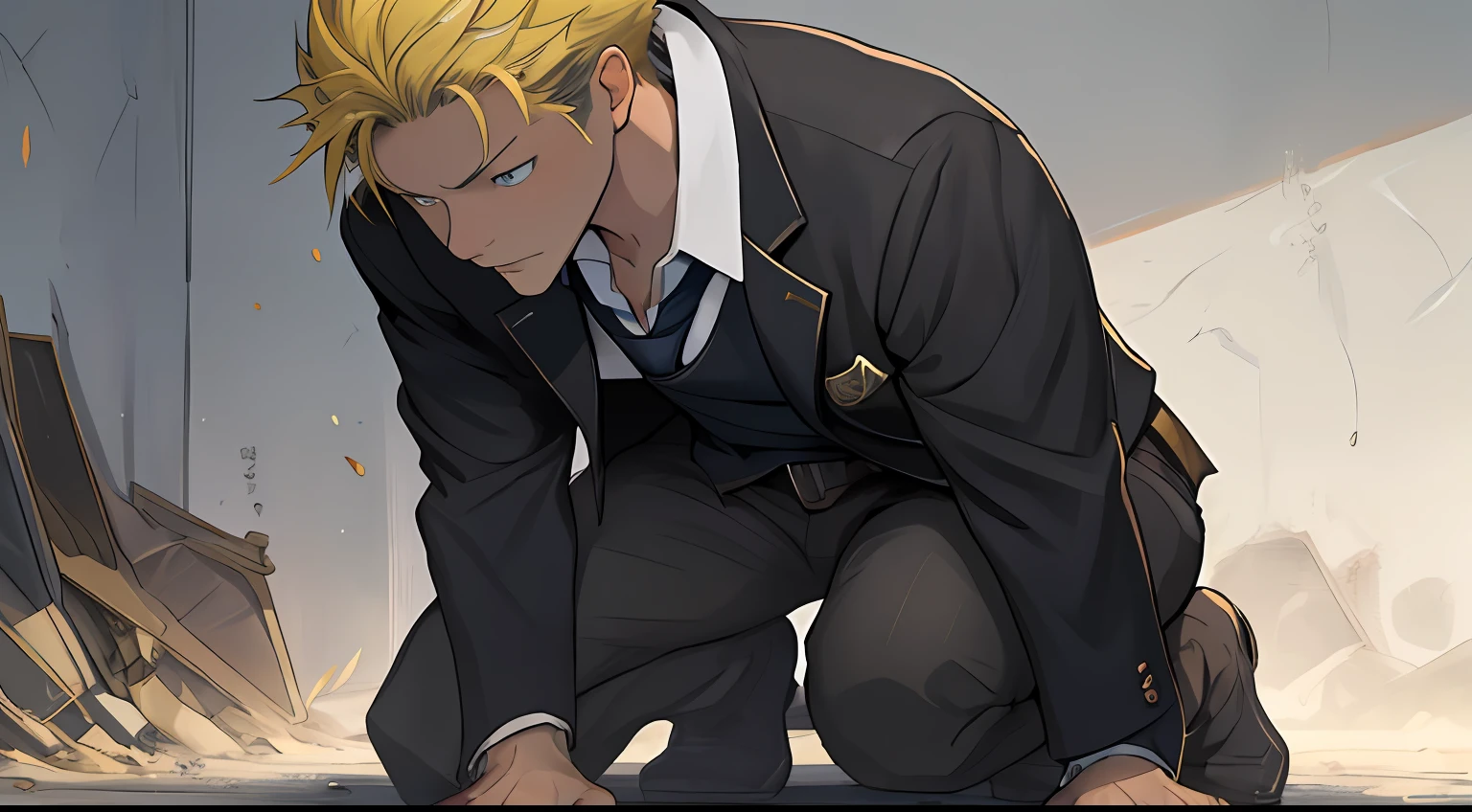 (1 Adult male),A high resolution, Sharp focus, Pixiv masterpiece, ((Complicated details)), highly detailed, natsuki_subaru, 1 man,Defeat, crestfallen,full bodyesbian,kneels on the ground, (A gesture of pleading),blue color eyes(eyes glowing), Short yellow hair,white shirt,Wear a tie,Wear a belt,perspire,look from down