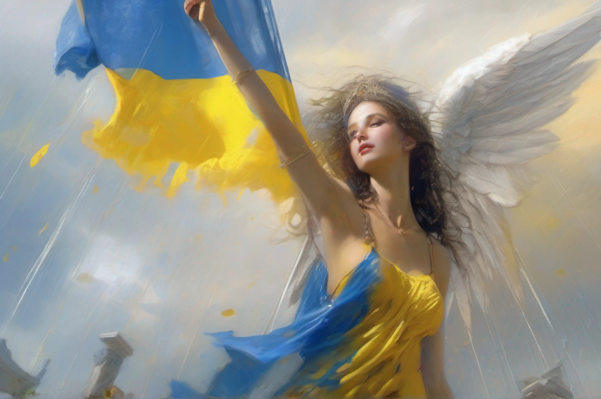 8k, victory pose, slight smile, goddess angel of juice, yellow and blue, Pino Daeni , Ukrainian flag, angel by, Luis Royo, shower, pastel style, wet body,, shower domination mischievous cute angel, 3d, octane, Luis Royo, photography style, Pino Daeni, Ukrainian flag