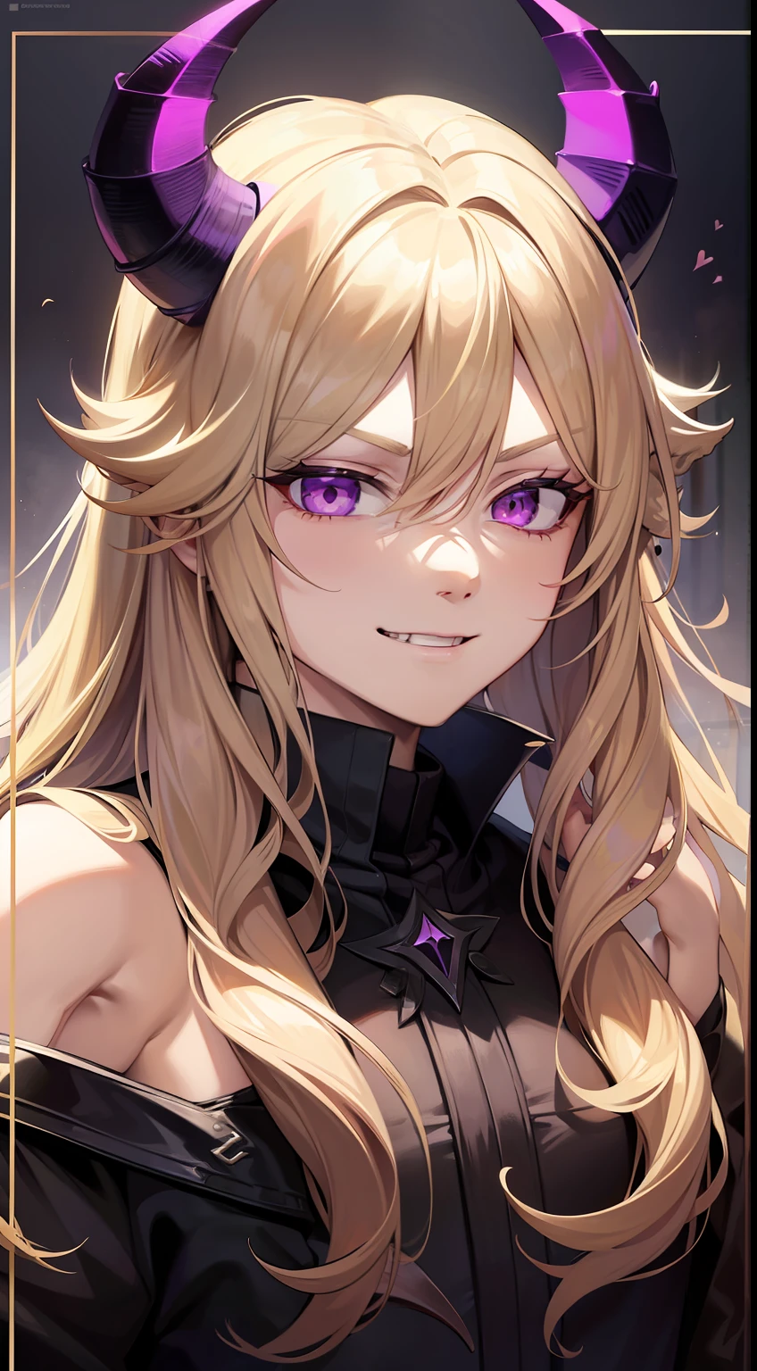 Young boy, Very Long blond hair, demon horns, violet eyes, demon robe, open shoulders, smirk, Masterpiece, hiquality