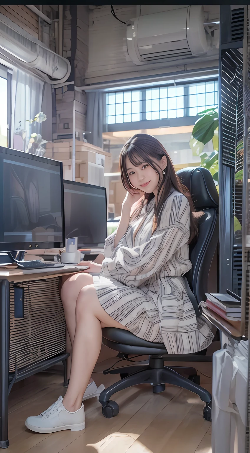 8k wallpaper、ultra-detailliert、Japan woman in her 20s、a smile、Ruddy cheeks、(((Poses faithful to human anatomy)))、beautiful a girl、Woman sitting on chair in front of computer, Oversized blouses、long  skirt、ALFOTOTILE 4K, Ecchi, Modern style, 4k wallpapers,high detailed official artwork,High quality photo art style