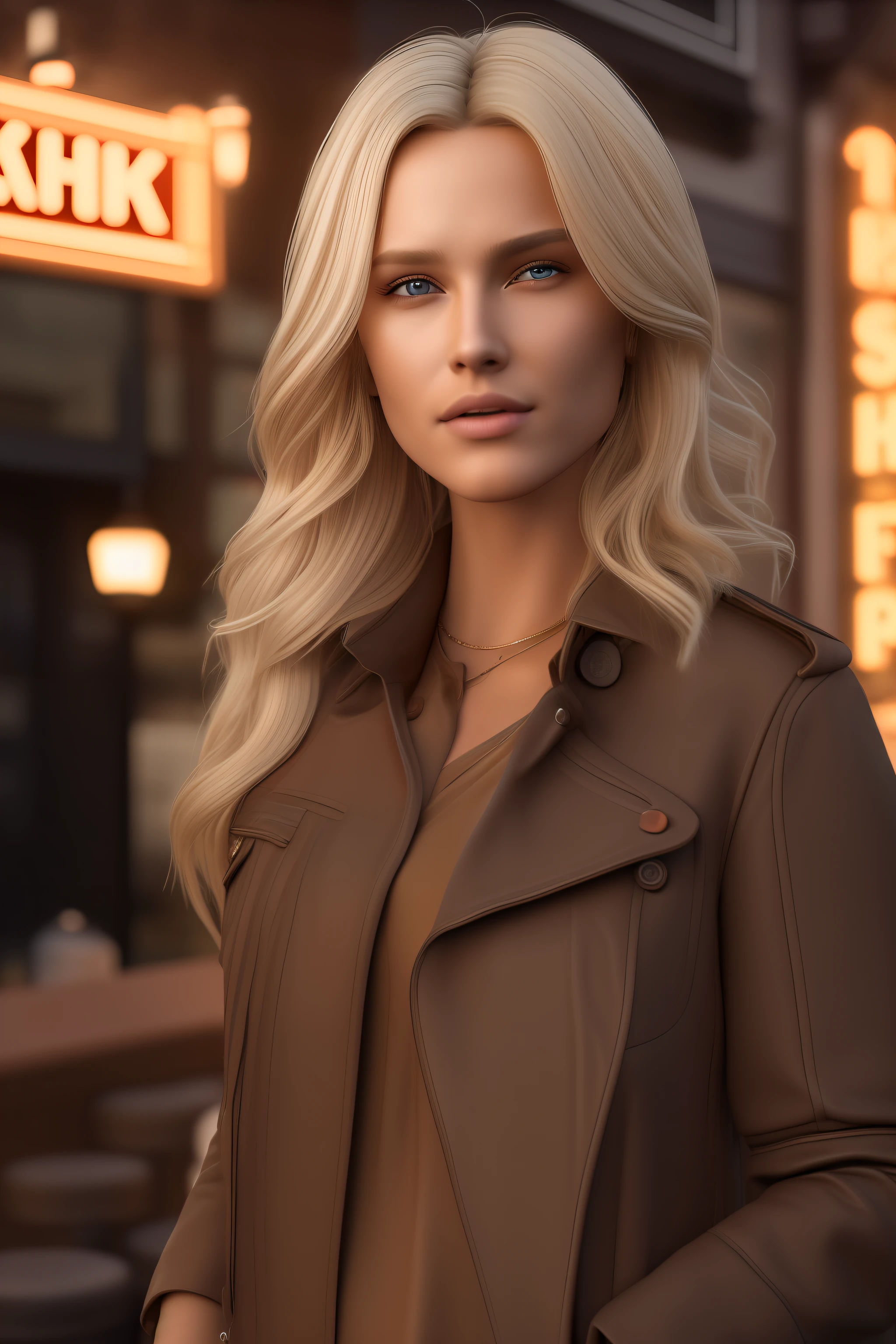 dskflll, 1girl, solo, a woman with blonde  hair, incredibly detailed beauty,brown eyes, standing outside a bar in minneapolis, rim lighting, cinematic ,lighting ,photo quality, octane render, extremely detailed, 8k concept, 128k, 108mp DSLR,  dskflll