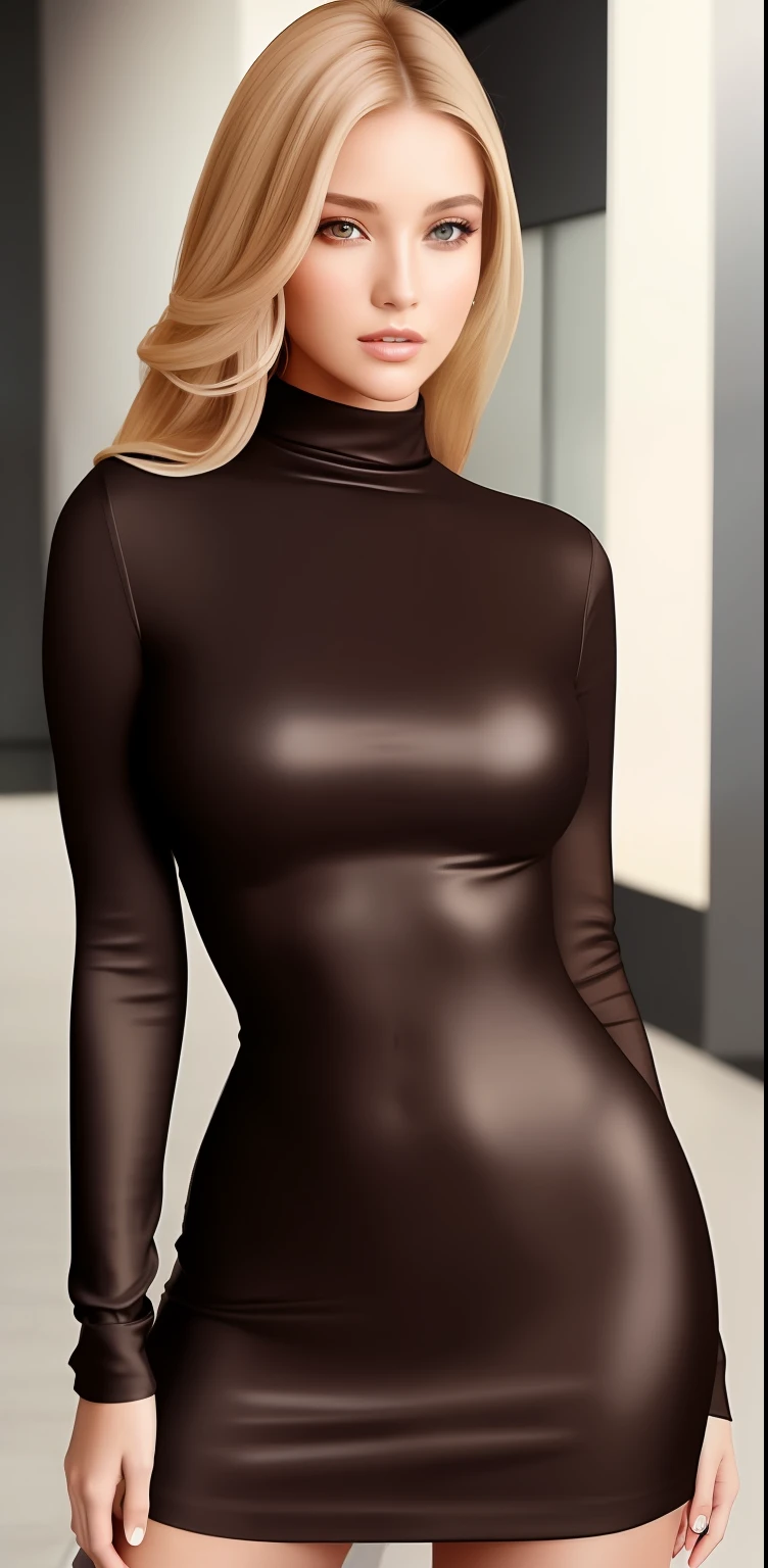 woman, A fashion model, Wear a turtleneck top, Glamour, paparazzi taking pictures of her, Blonde hair, Brown eyes, 8K, High quality, Masterpiece, Best quality,G-cup, HD, Extremely detailed, voluminetric lighting, Photorealistic