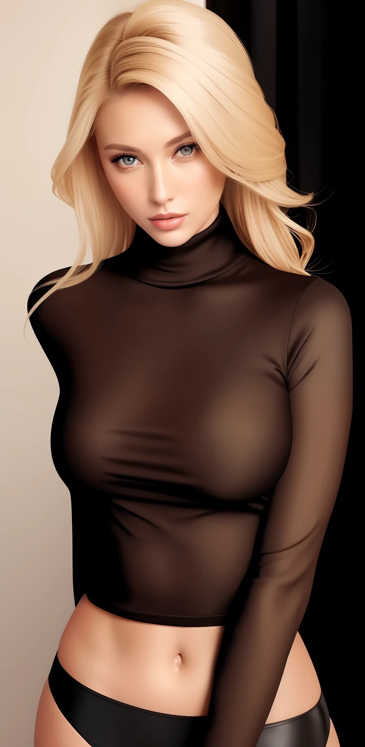 woman, A fashion model, Wear a turtleneck top, Glamour, paparazzi taking pictures of her, Blonde hair, Brown eyes, 8K, High quality, Masterpiece, Best quality,G-cup, HD, Extremely detailed, voluminetric lighting, Photorealistic