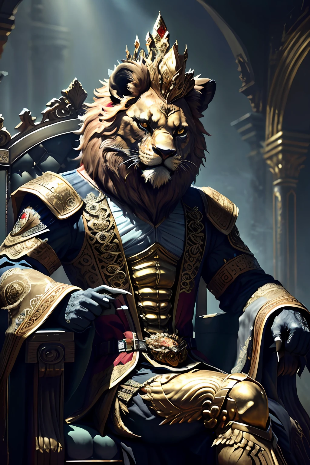 （（RAW photogr））， （（tmasterpiece））， An angry lion dressed in the emperor's costume anthropomorphizes a humanoid creature， longer sleeves， Gold patch， intricately details， futobot， Intricate work by Gribors， dramatic lights， edge lit， sitting on an royal throne