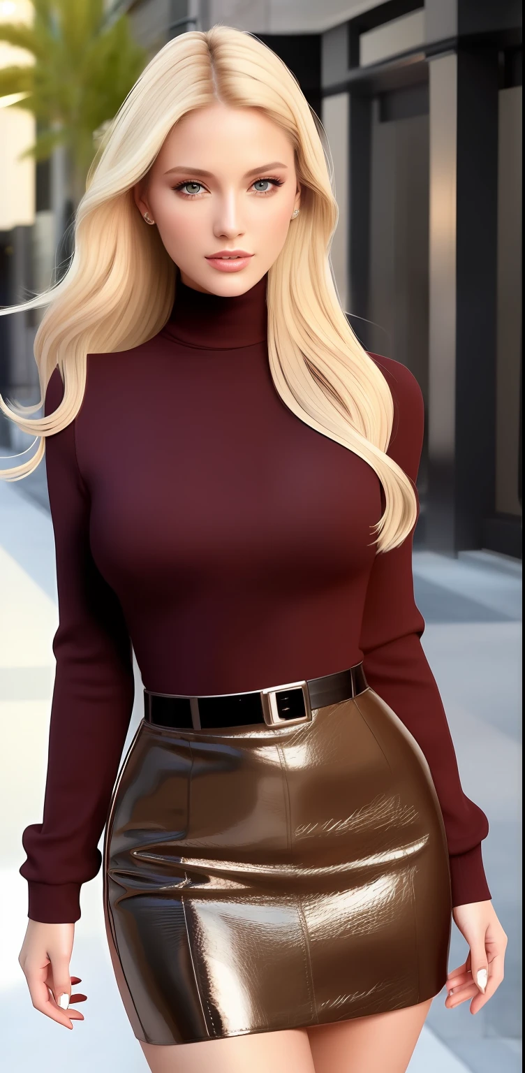 woman, A fashion model, Wear a turtleneck top, Glamour, paparazzi taking pictures of her, Blonde hair, Brown eyes, 8K, High quality, Masterpiece, Best quality,G-cup， HD, Extremely detailed, voluminetric lighting, Photorealistic