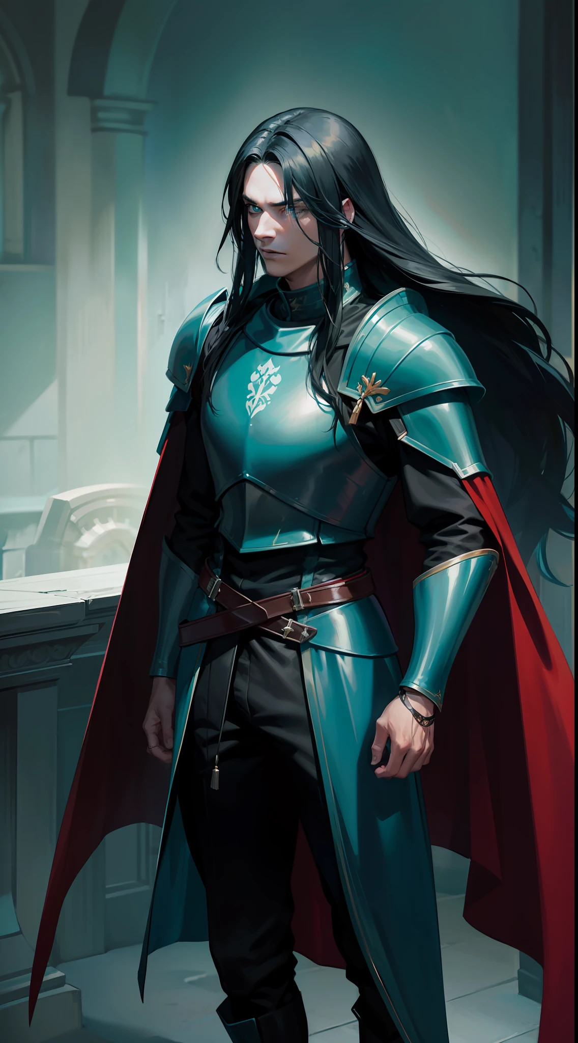 24-year-old man with long black hair, (((Cyan eyes))), ((Red and long cape on the back)), His armor is black, He wears a saber on his belt (castle interior)