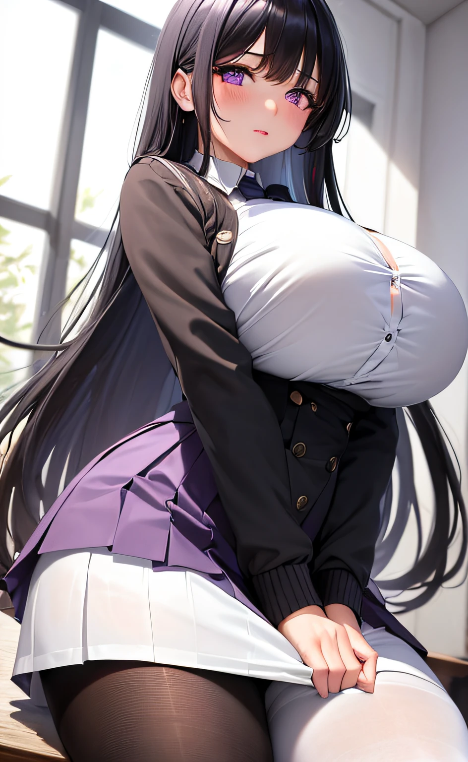 (masterpiece, best quality, Hyper detailed, High detail:1.2),1girl, bangs, black_hair, blush, button_gap, huge_breasts, long_hair, looking_at_viewer, mole, purple_eyes, school_uniform, shirt, skirt, solo, sweat, (white_pantyhose:1.25),full body,(ulzzang-6500:0.9)