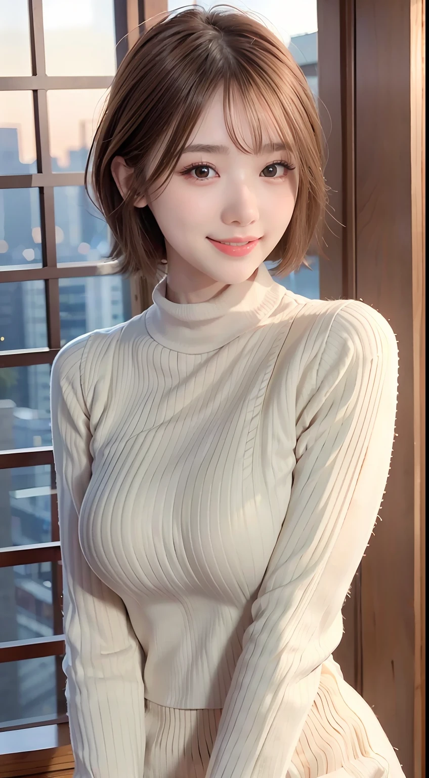 Masterpiece, Top quality, offcial art, Highly detailed CG unity 8k wallpaper, Single girl, hyper HD, (Photorealistic: 1.4), Golden hour lighting, Sweater dress, (Upper body), (Kpop idol), (Charming: 1), (platinum short hair: 0.8), ((Puffy eyes)), looking at viewert, Facing forward, Smiling, Laughing,Middle chest, shirts lift, mitts, Short hair