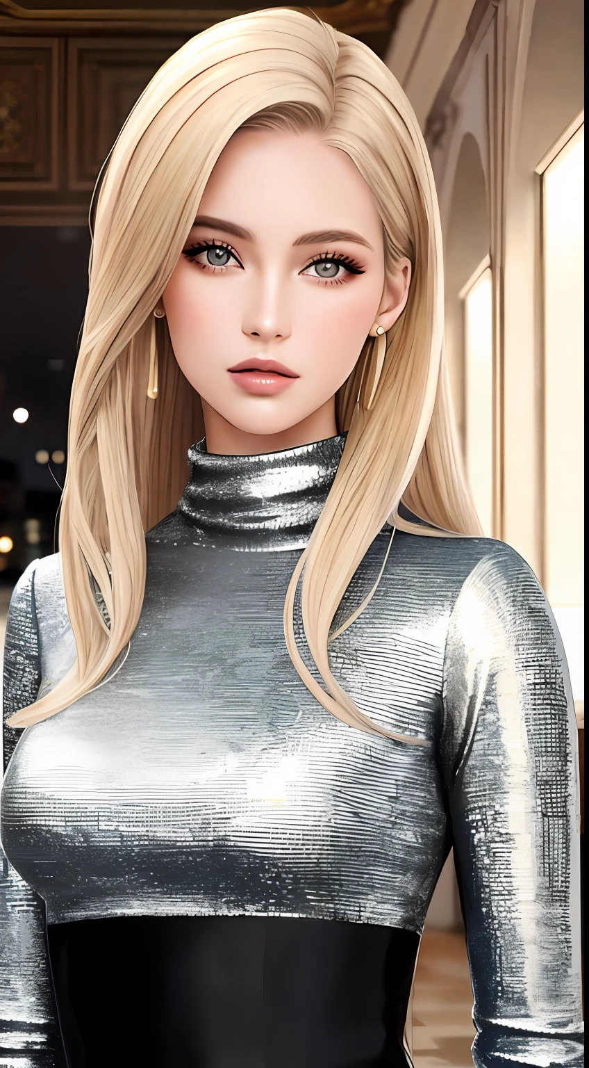 European and American women, A fashion model, Wear a turtleneck top, Glamour, paparazzi taking pictures of her, Blonde hair, Brown eyes, 8K, High quality, Masterpiece, Best quality,k hd, Extremely detailed, voluminetric lighting, Photorealistic