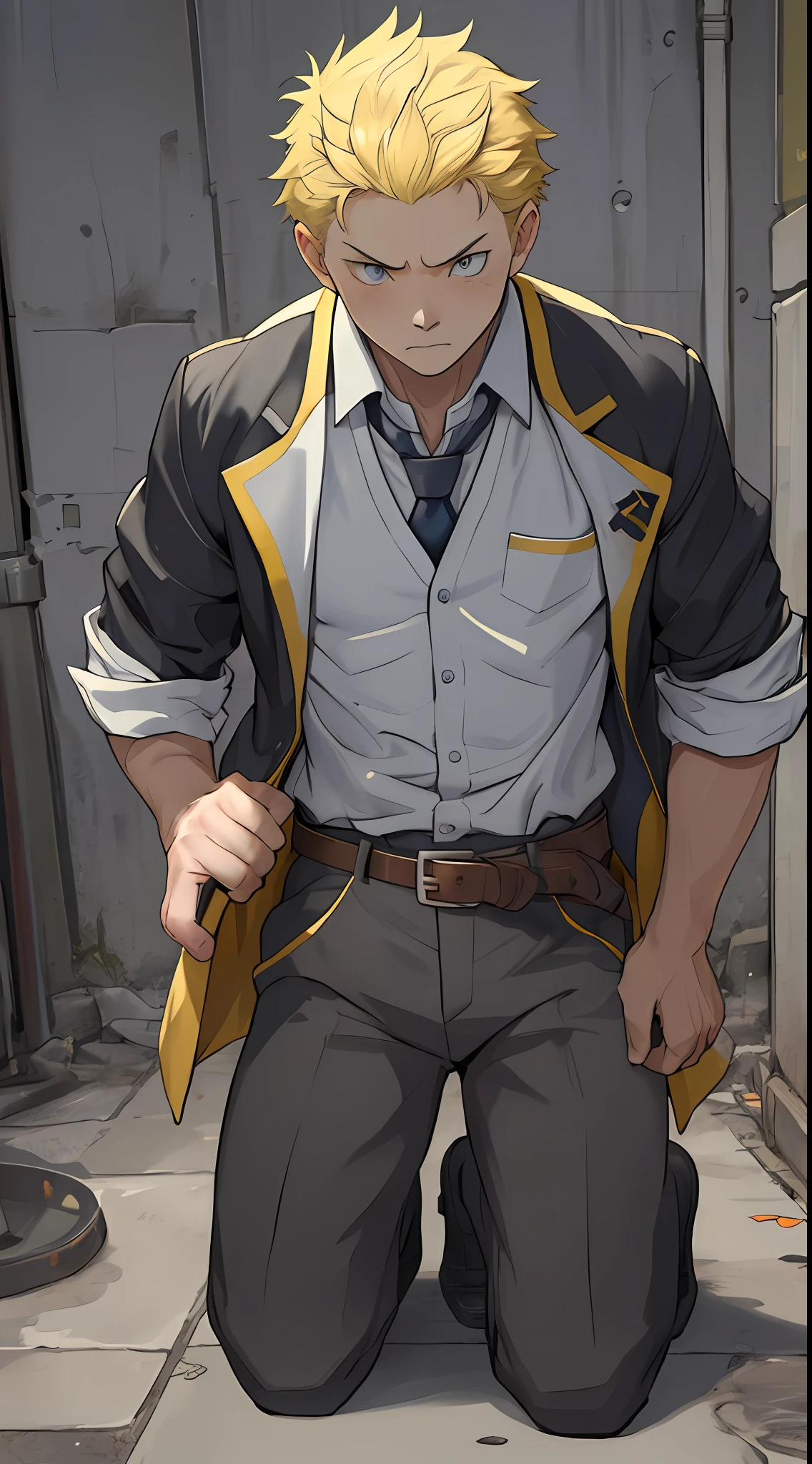 (1 Adult male),A high resolution, Sharp focus, Pixiv masterpiece, ((Complicated details)), highly detailed, natsuki_subaru, 1 man,Defeat, crestfallen,full bodyesbian,kneels on the ground, (A gesture of pleading),blue color eyes(eyes glowing), Short yellow hair,white shirt,Wear a tie,Wear a belt,perspire,look from down