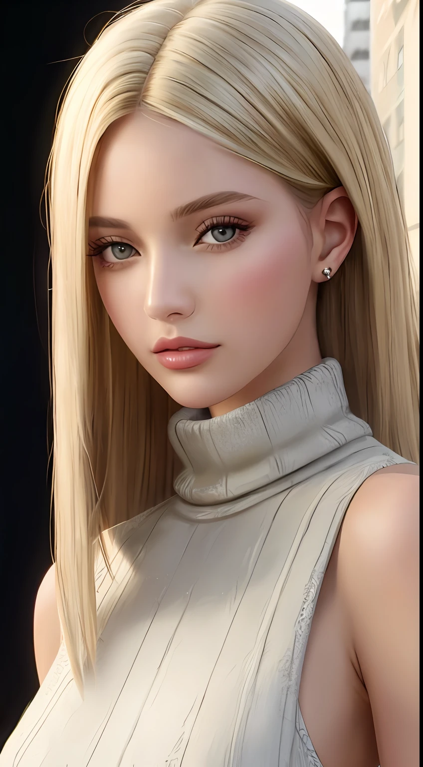 European and American women, A fashion model, Wear a turtleneck top, Glamour, paparazzi taking pictures of her, Blonde hair, Brown eyes, 8K, High quality, Masterpiece, Best quality，k hd, Extremely detailed, voluminetric lighting, Photorealistic