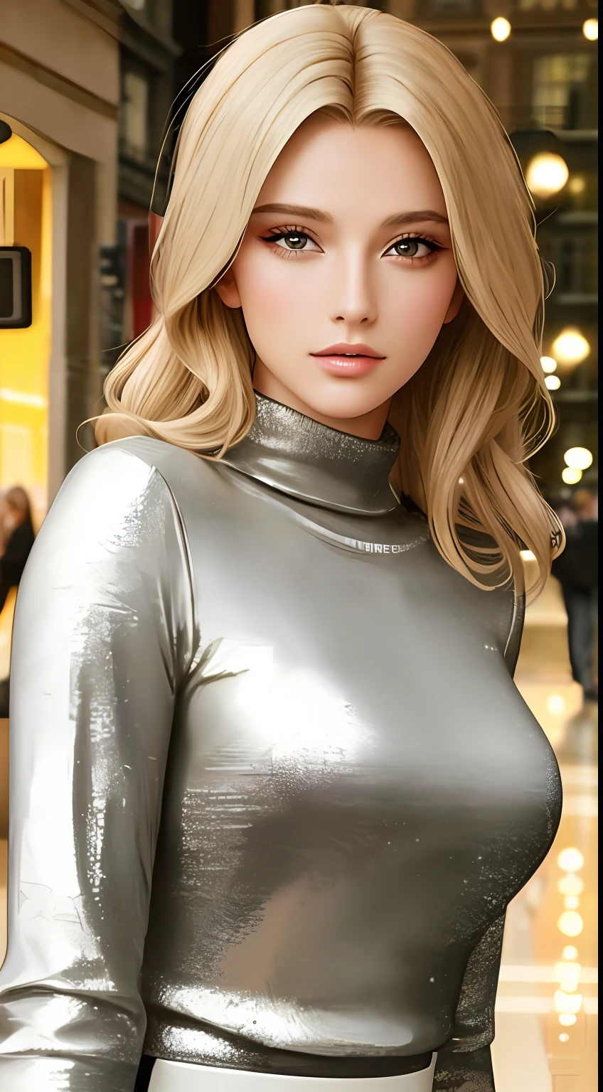 European and American women, A fashion model, Wear a turtleneck top, Glamour, paparazzi taking pictures of her, Blonde hair, Brown eyes, 8K, High quality, Masterpiece, Best quality,k hd, Extremely detailed, voluminetric lighting, Photorealistic