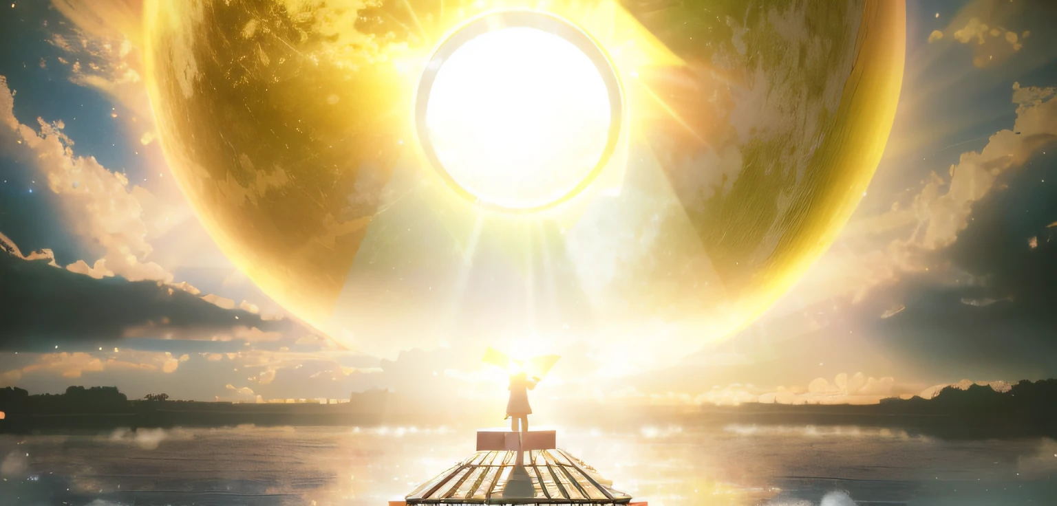 There was a man standing on the dock，In the background is a huge jade jade, a shaman holding up the universe, god of the sun, as the goddess of the sun, Goddess of the sun, praise the sun, a massive celestial giant god, Light of the gods, god of the sun, the dark sun of athas, Lens flare. occult photorealism，(((8K, RAW photo, Best quality, Masterpiece:1.4))), 超高分辨率, Ultra-detailed, illustration