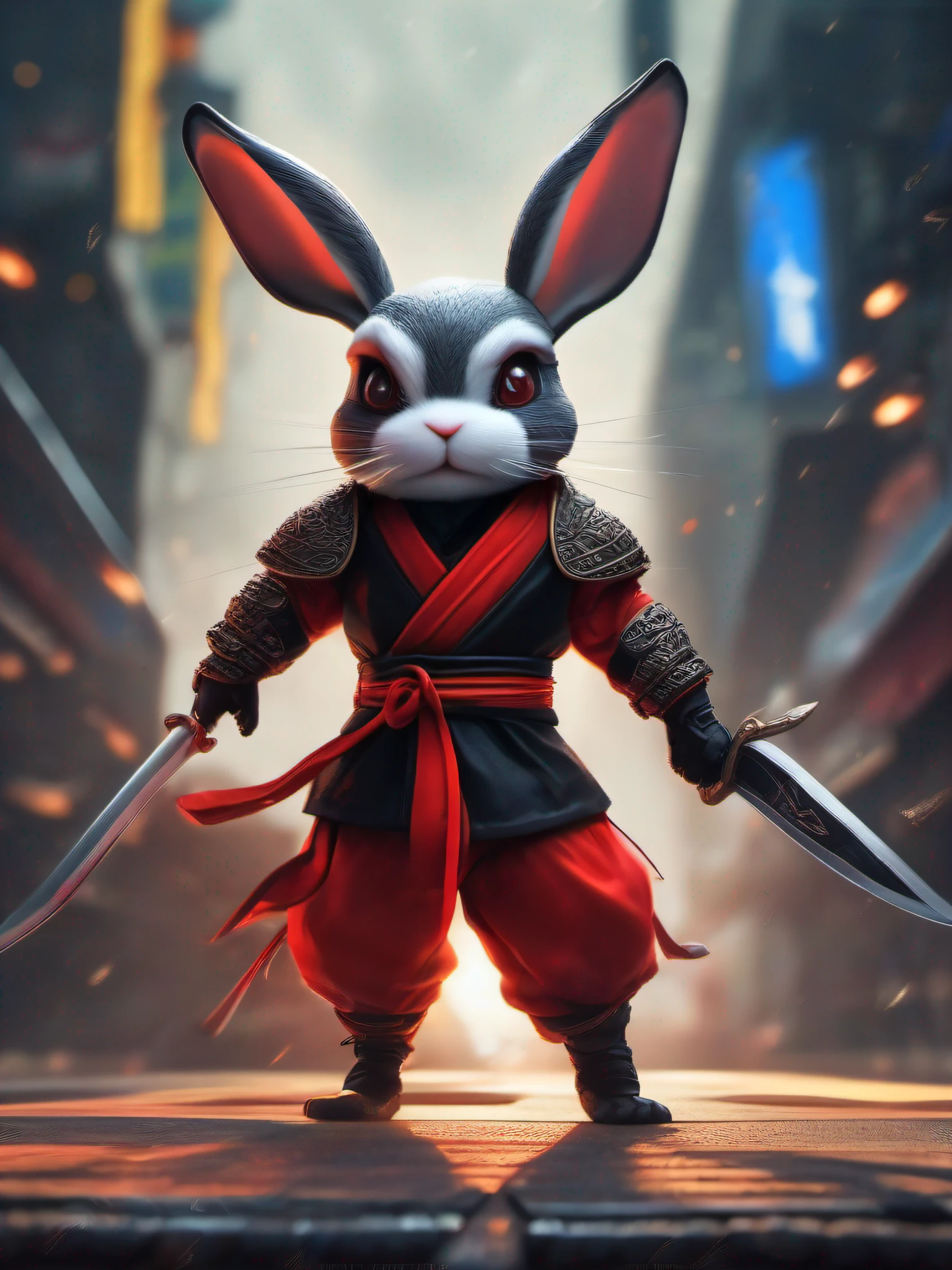 Red and black theme， Rabbit ninja， Popular on artstation，extreme hight detail，tack sharp focus，Dramatic，Photorealistic painting art，，Bokeh on the background ， intricately details， finely detailled， Hyper-detailing， Ray traching， sub surface scattering， diffused soft lighting， shallowdepthoffield