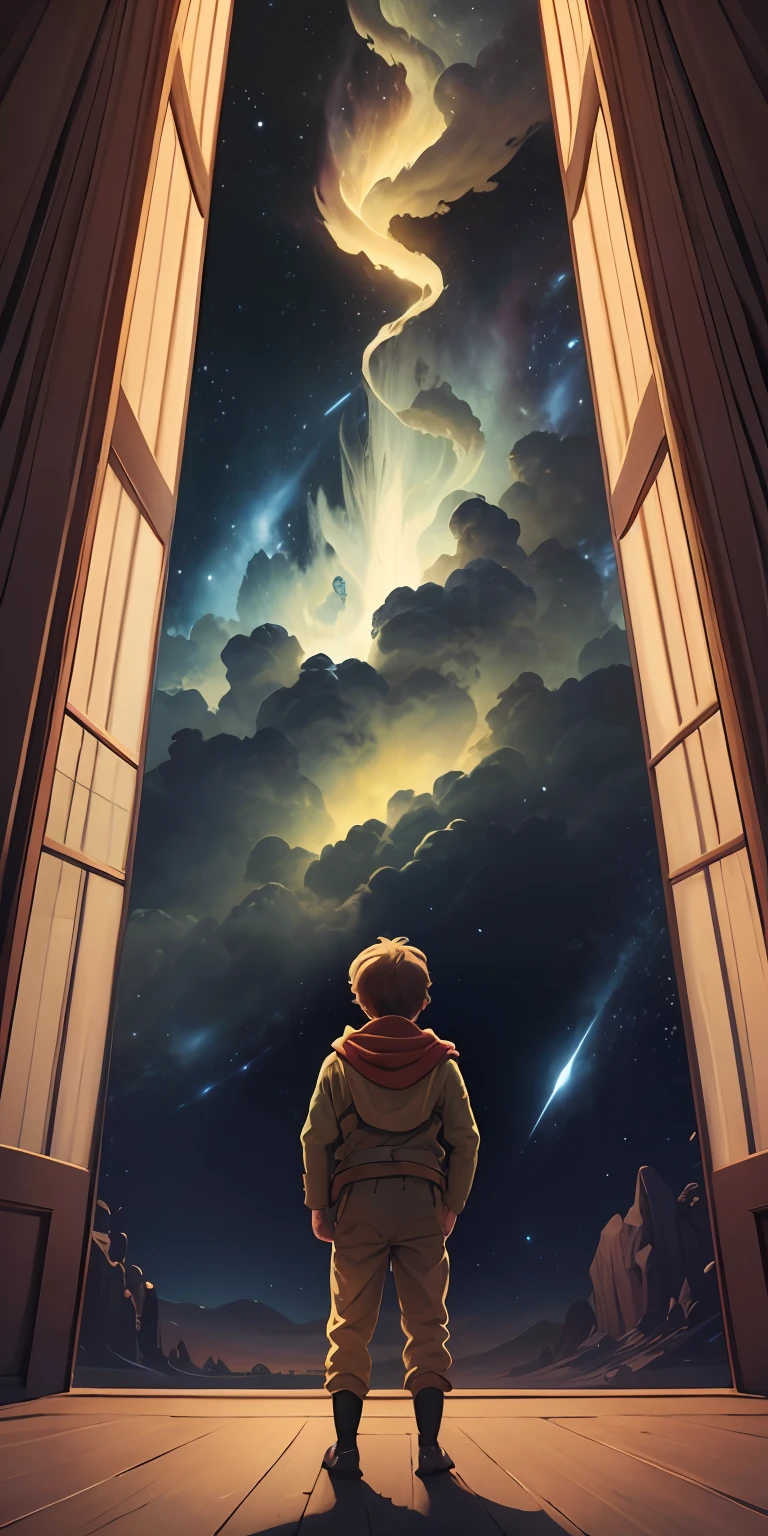 detailed book cover mockup, The cover will be a cartoon illustration of a wearing a green jumpsuit and a red scarf, standing on a planet with his arm extended and pointing towards the sky. The planet will have a quirky appearance, with hills and valleys. In the sky, there will be several stars surrounding a giant shooting star., The typography will be positioned on the top and bottom right corner of the cover to allow for the cartoon visuals to take center stage., Its title is The little prince, "The Little Prince" will be written in big and bold font at the top of the cover with different hues of yellow and orange. The author's name "Antoine de Saint-Exupéry" will be written in smaller font on the bottom right corner of the cover., The cover will be made on a glossy finish to give off a playful and lighthearted feel., Its type is dark, featuring intricate artwork, incredible painting collaboration by Doré and Thole, free space for text, trending on amazon, astonishing book layout, 4k resolution, --auto