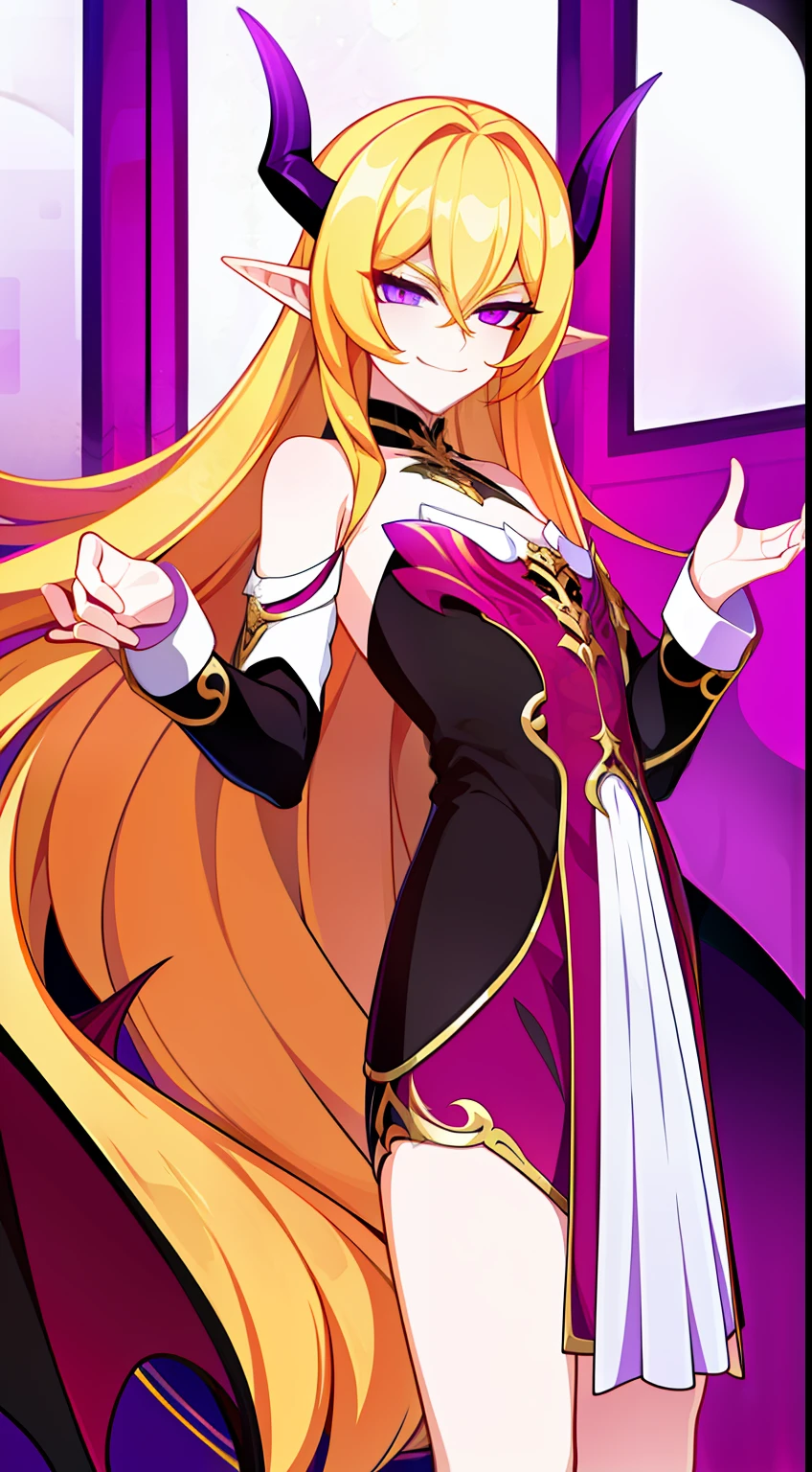 young boy, very long blonde hair, horns demon, violet eyes, Demon Dress, open shoulders, smirk, Masterpiece, hiquality