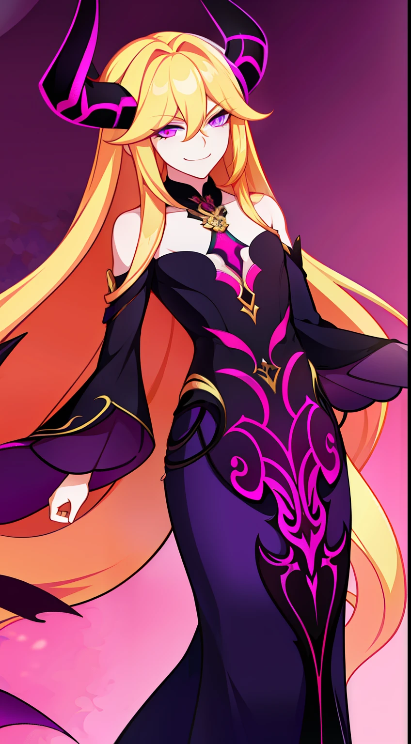 young boy, very long blonde hair, horns demon, violet eyes, Demon Dress, open shoulders, smirk, Masterpiece, hiquality