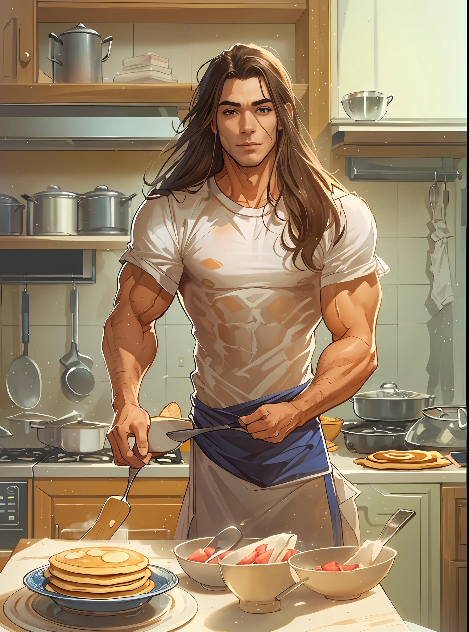 Man in the kitchen, cooking pancakes, femine body, long hair, cute, detailed, detailed body, dynamic pose