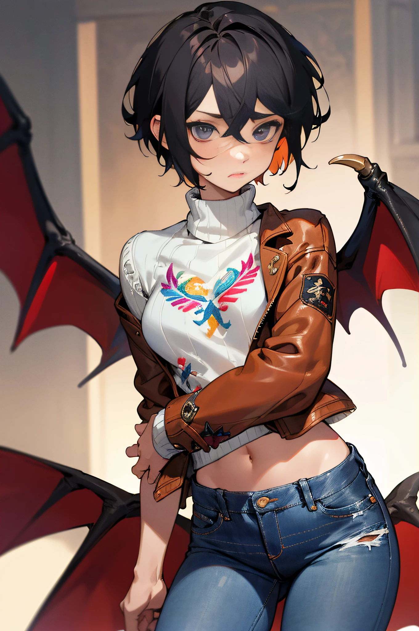 masterpiece, high quality,1girl,solo,middle breast , short hair, (hair between eyes),(00BFFE pixie cut), Bat wings, Disappointed face,(Embroidered sweater, Cropped flare jeans, Leather blazer)