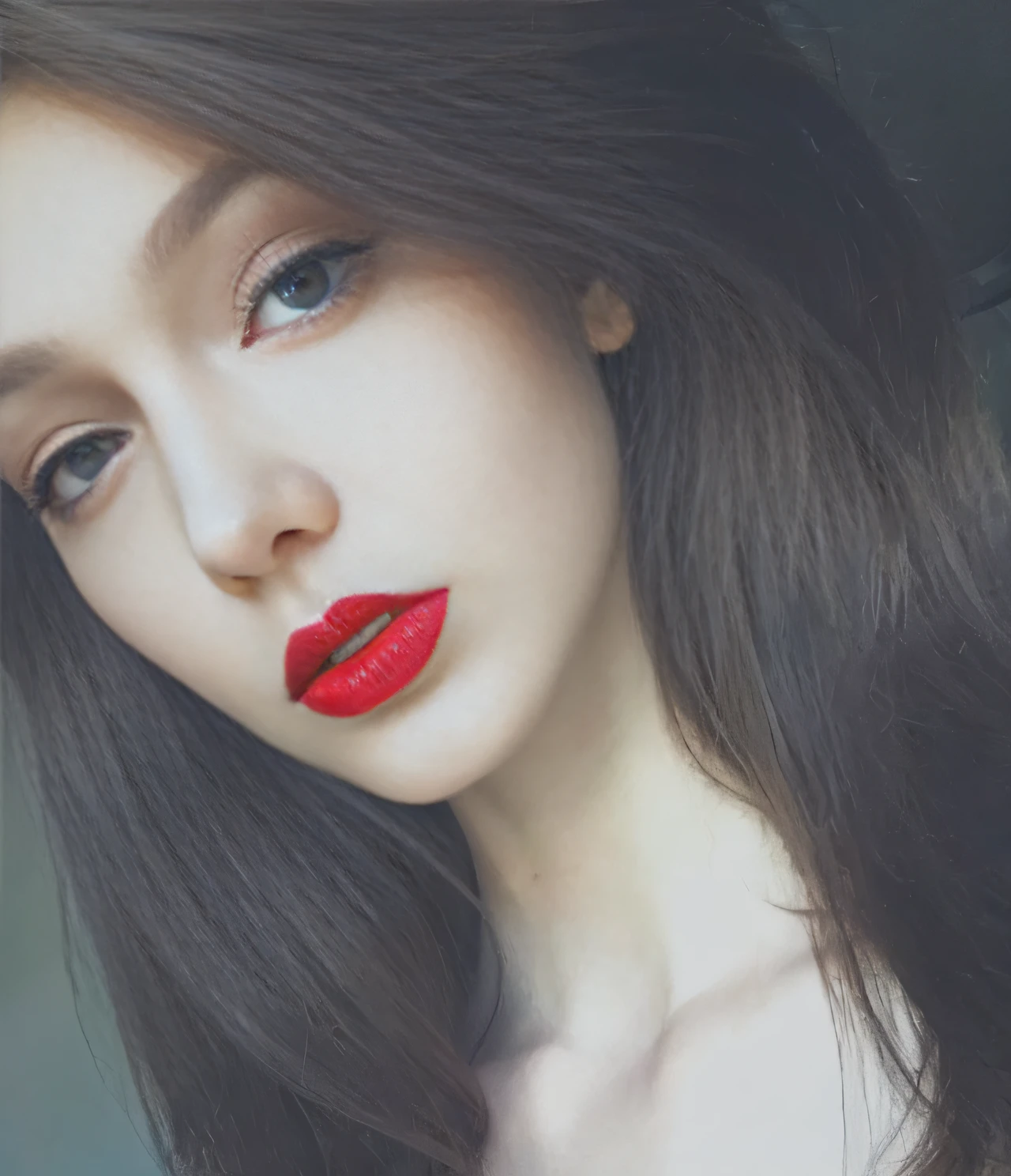 ((Masterpiece, Best quality, Extremely detailed, insanely details, Detailed CG, 8K wallpaper)), 1girll, ((a purple eye)),Close-up of a woman with red lipstick on her lips, pale-skinned, faint red lips, small and thick red lips, thick and red lips, Red lips, pale fair skin!!, red lipstick on face, Red lipstick, Pale skin!, pale ivory skin, Very pale skin, very very very pale white skin, light-red lips, pale beautiful skin