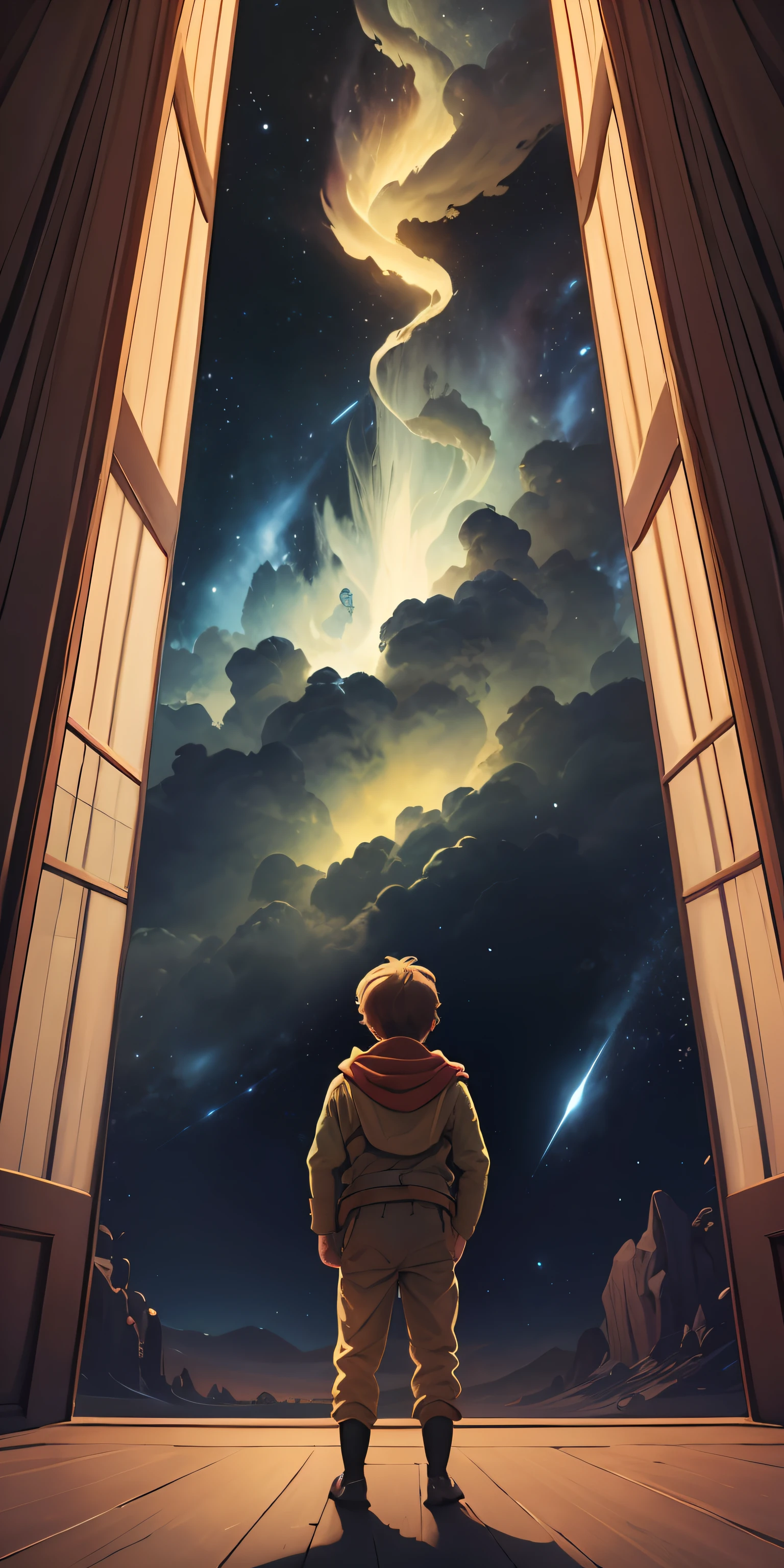 detailed book cover mockup, The cover will be a cartoon illustration of a little boy wearing a green jumpsuit and a red scarf, standing on a planet with his arm extended and pointing towards the sky. The planet will have a quirky appearance, with hills and valleys. In the sky, there will be several stars surrounding a giant shooting star., The typography will be positioned on the top and bottom right corner of the cover to allow for the cartoon visuals to take center stage., Its title is The little prince, "The Little Prince" will be written in big and bold font at the top of the cover with different hues of yellow and orange. The author's name "Antoine de Saint-Exupéry" will be written in smaller font on the bottom right corner of the cover., The cover will be made on a glossy finish to give off a playful and lighthearted feel., Its type is dark, featuring intricate artwork, incredible painting collaboration by Doré and Thole, free space for text, trending on amazon, astonishing book layout, 4k resolution, --auto