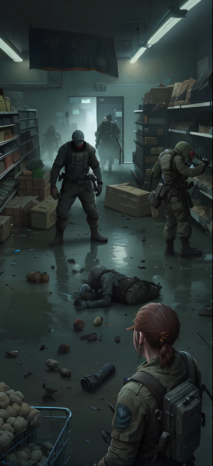 In a clean and empty supermarket, The commander leads the survivors in search of supplies,detailed game art illustration, fps game concept art, resident evil virus concept art, concept art like ernest khalimov, the last of us zombie, realistic apocalyptic war scene, concept art for a video game, Game illustration, undead soldiers in background, combat scene, cover game art