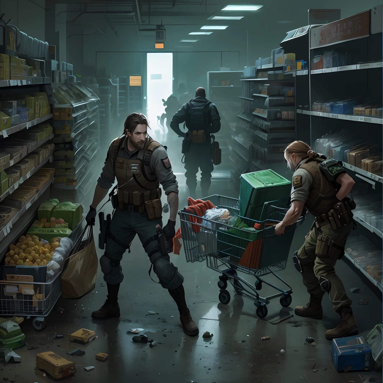 In the supermarket, The commander took the survivors in search of supplies, detailed game art illustration, concept art like ernest khalimov, fps game concept art, resident evil virus concept art, Game illustration, by Ni Yuanlu, realistic apocalyptic war scene, combat scene, author：Alexander Jean, photorealistic dark concept art, Soma game art style, concept art for a video game